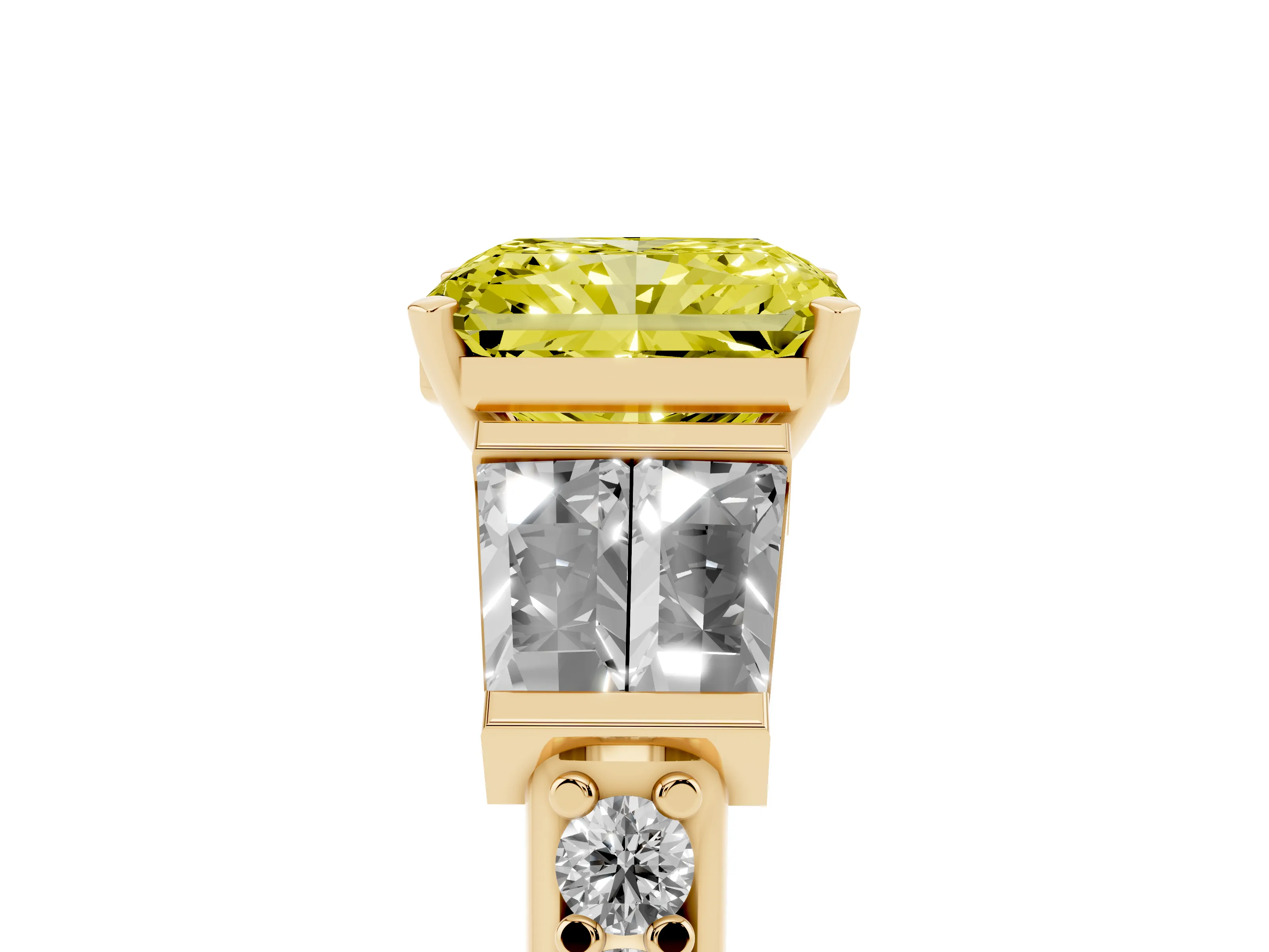Fancy Yellow Radiant Cut Diamond Engagement Ring Set in Yellow gold with Baguette Side Stones and Channel Set Band
