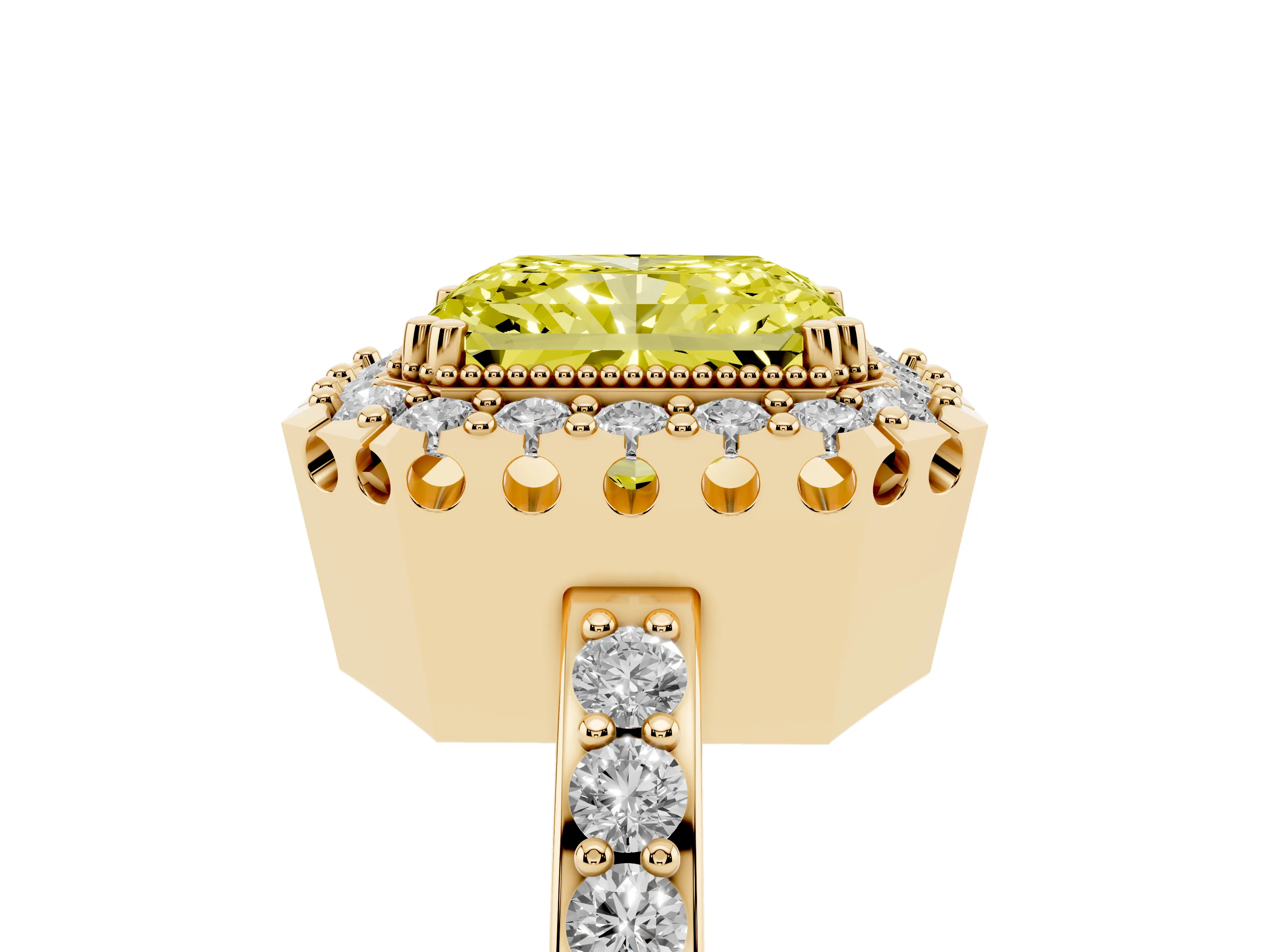 Fancy Yellow Radiant Cut Diamond Halo Ring Set in Yellow gold with Pavé Shank and Prong Setting
