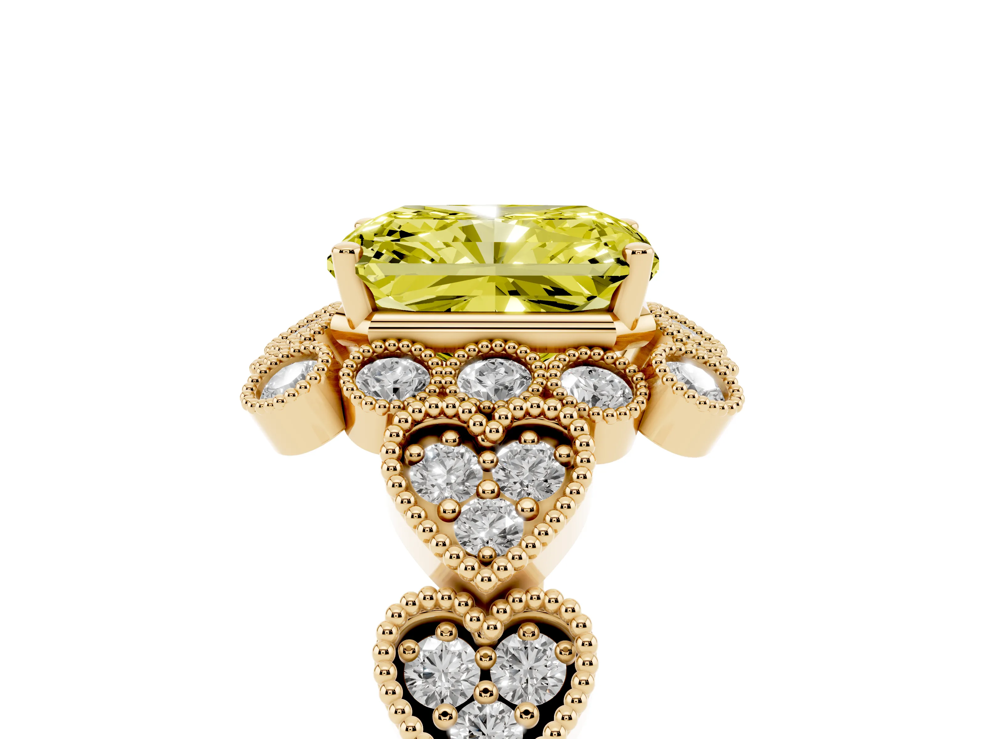 Fancy Yellow Radiant Cut Diamond Solitaire Ring Set in Yellow gold with Milgrain Pavé Heart Band