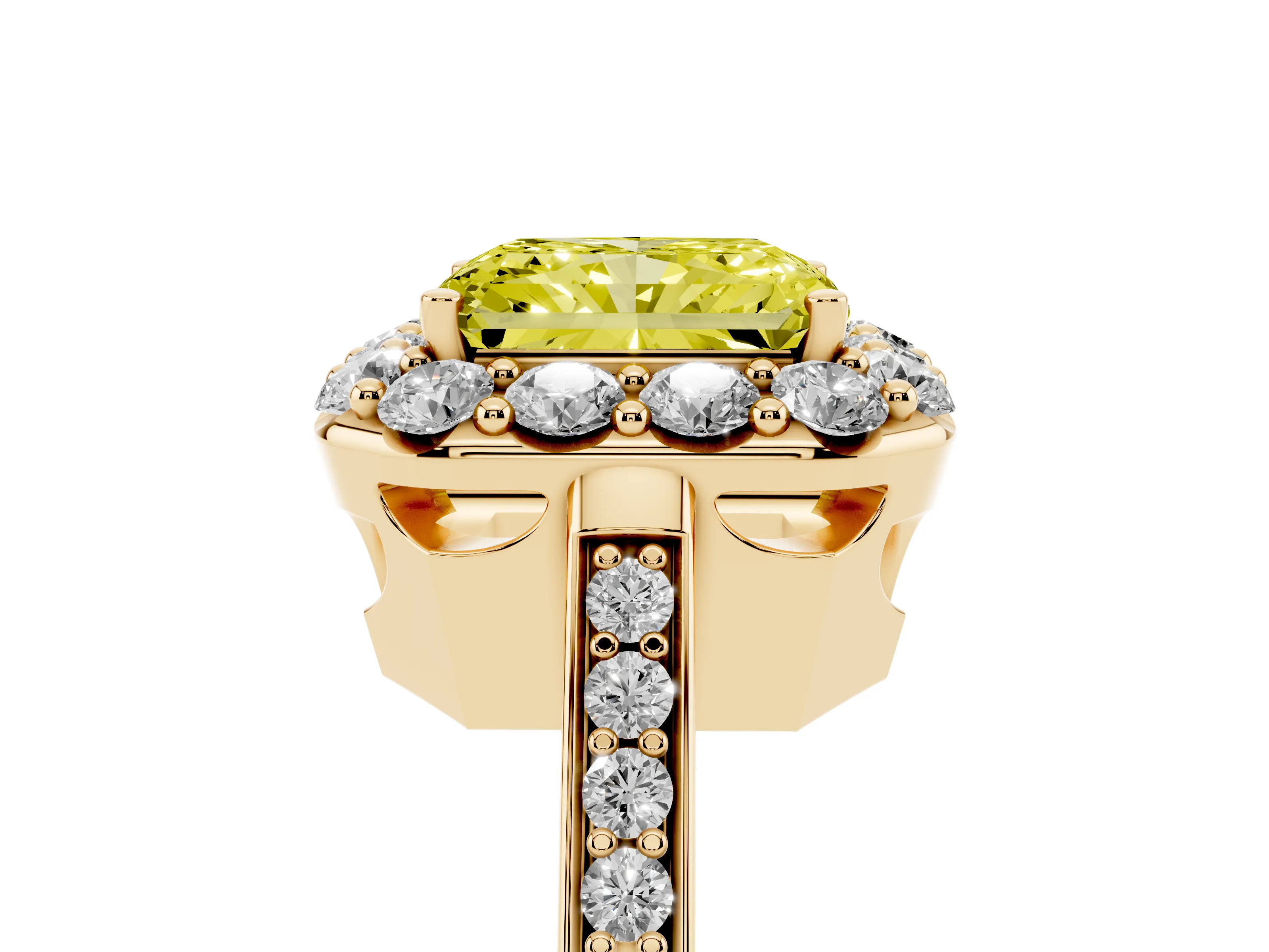 Fancy Yellow Radiant Cut Diamond Floral Halo Ring Set in Yellow gold with Pavé Band and Prong Setting