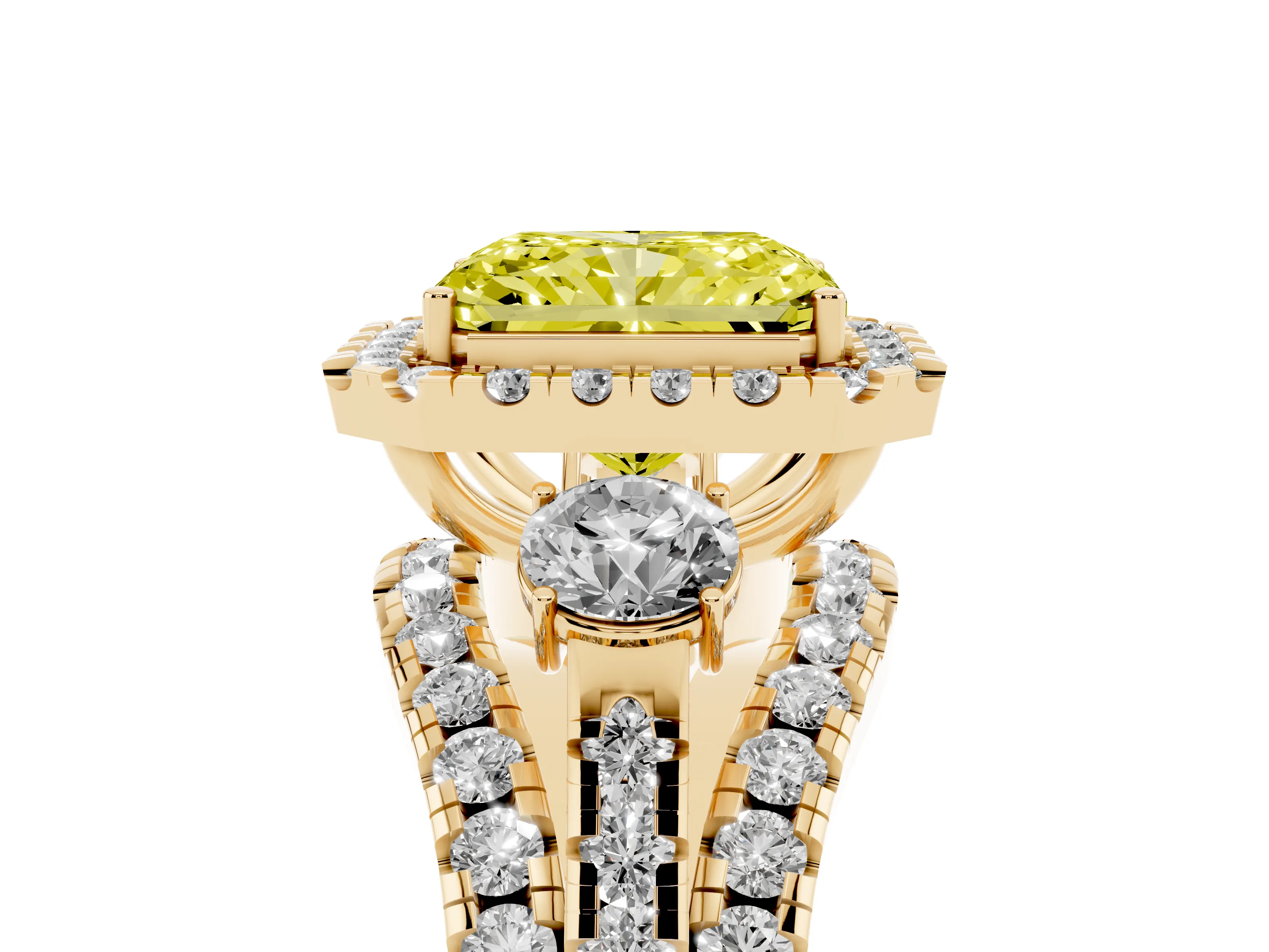 Fancy Yellow Radiant Cut Diamond Halo Split Shank Ring Set in Yellow gold with Round Accent Stones and Prong Setting