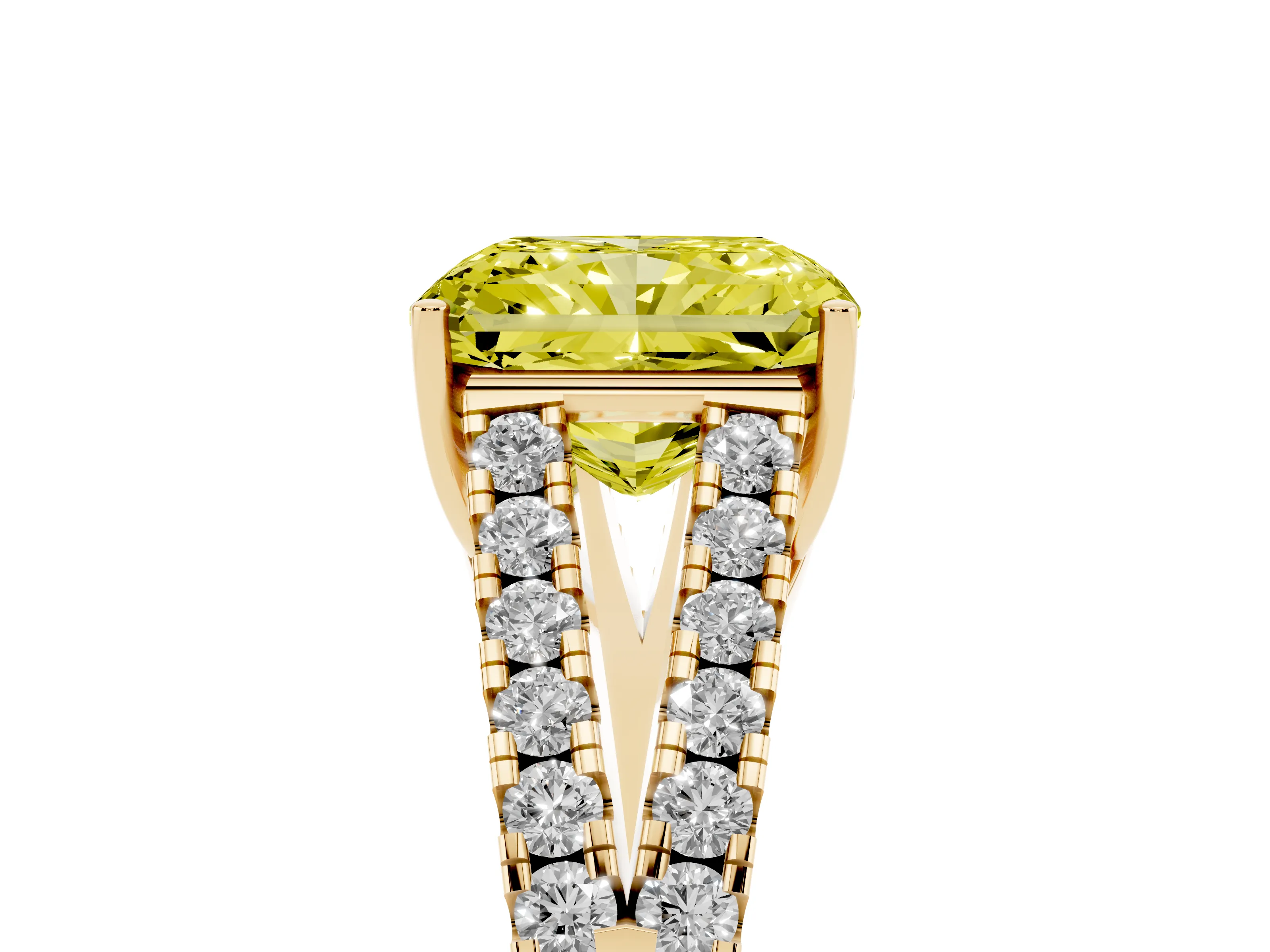 Fancy Yellow Radiant Cut Diamond Split Shank Pavé Engagement Ring Set in Yellow gold with Prong-Held Center Stone