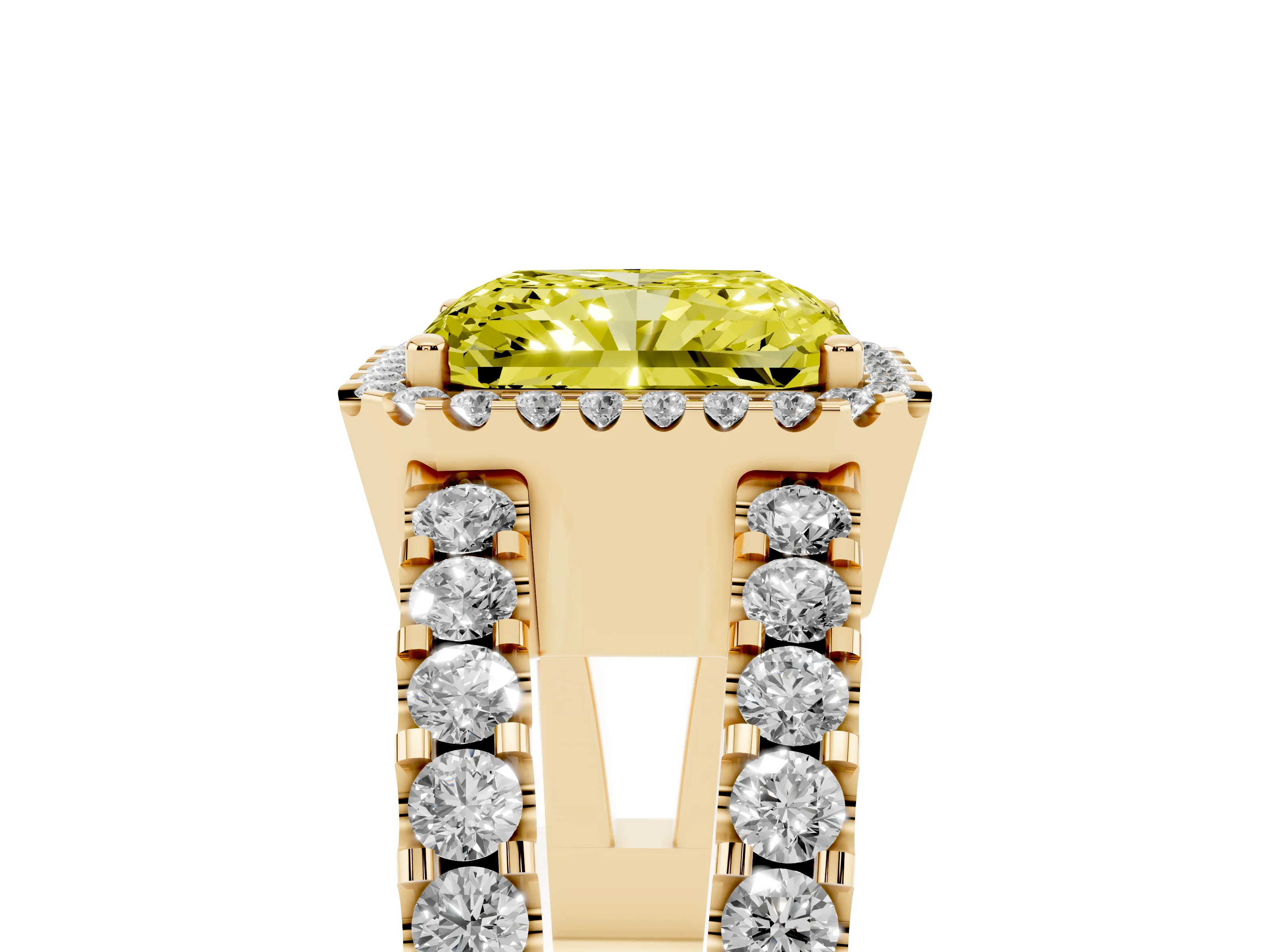 Fancy Yellow Radiant Cut Diamond Halo Ring Set in Yellow gold with Pavé Split Shank and Prong Setting