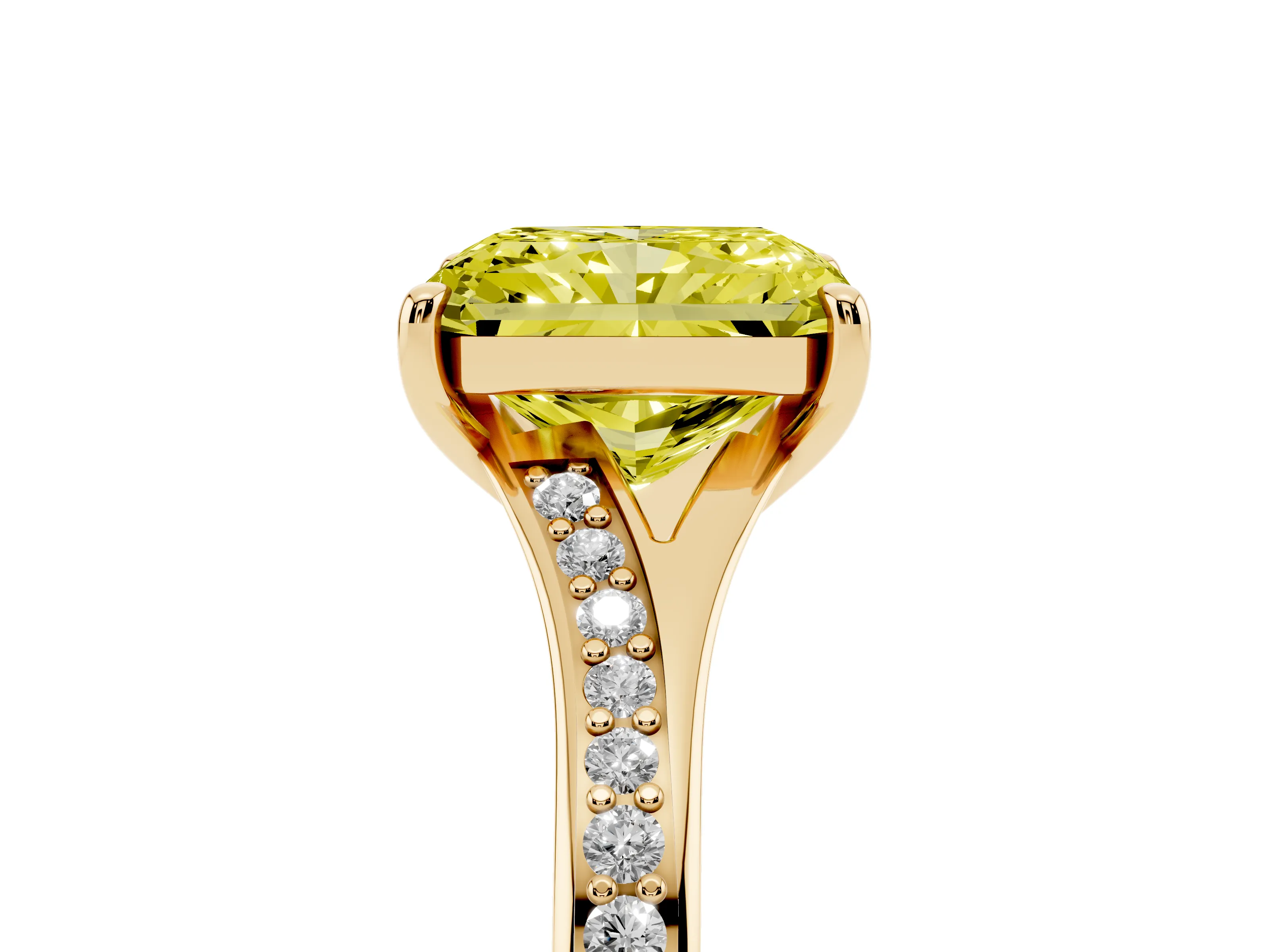 Fancy Yellow Radiant Cut Diamond Solitaire Ring Set in Yellow gold with Pavé Accent Band and Classic Prong Setting