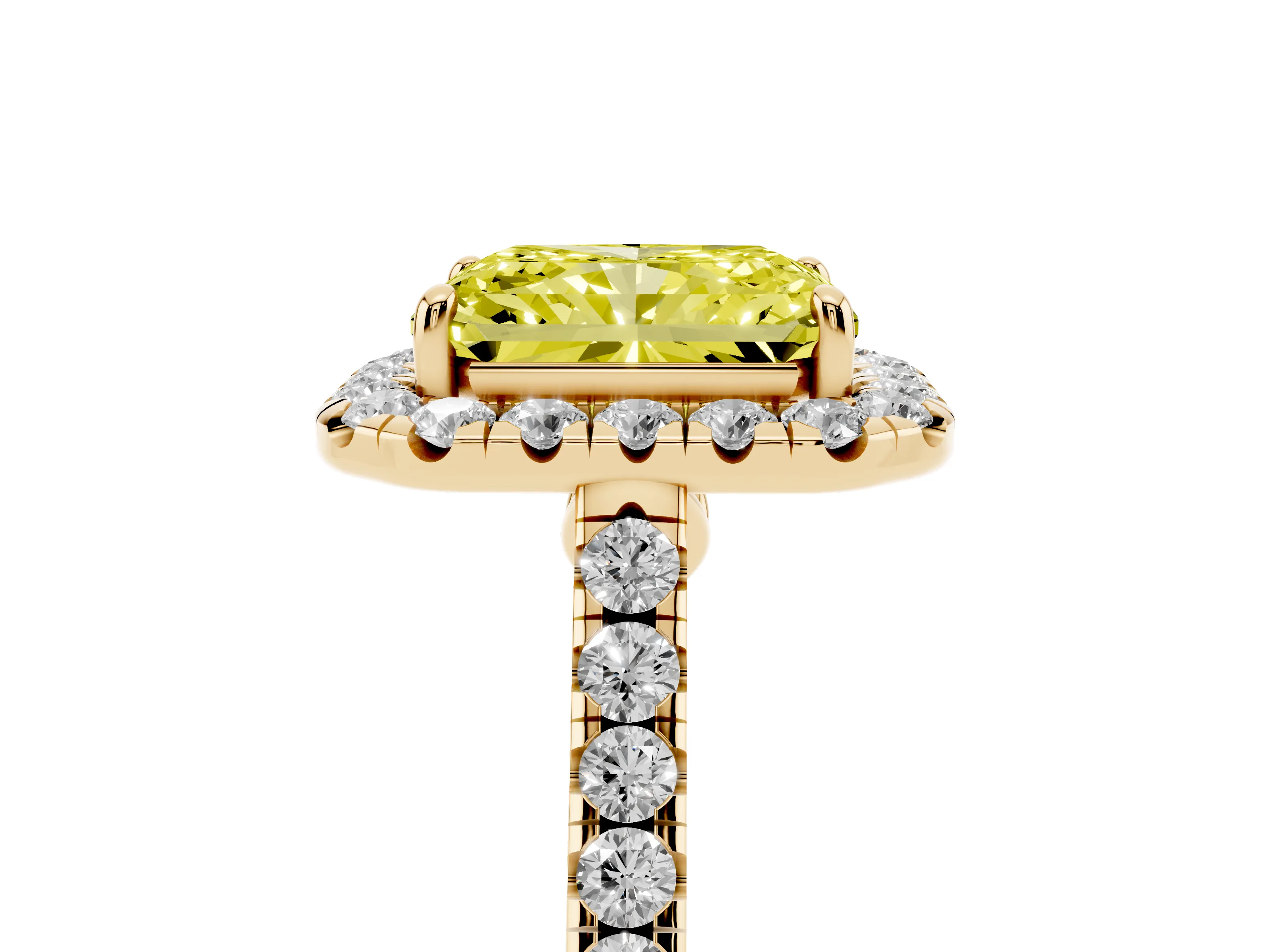 Fancy Yellow Radiant Cut Diamond Halo Pavé Engagement Ring Set in Yellow gold with Prong Setting