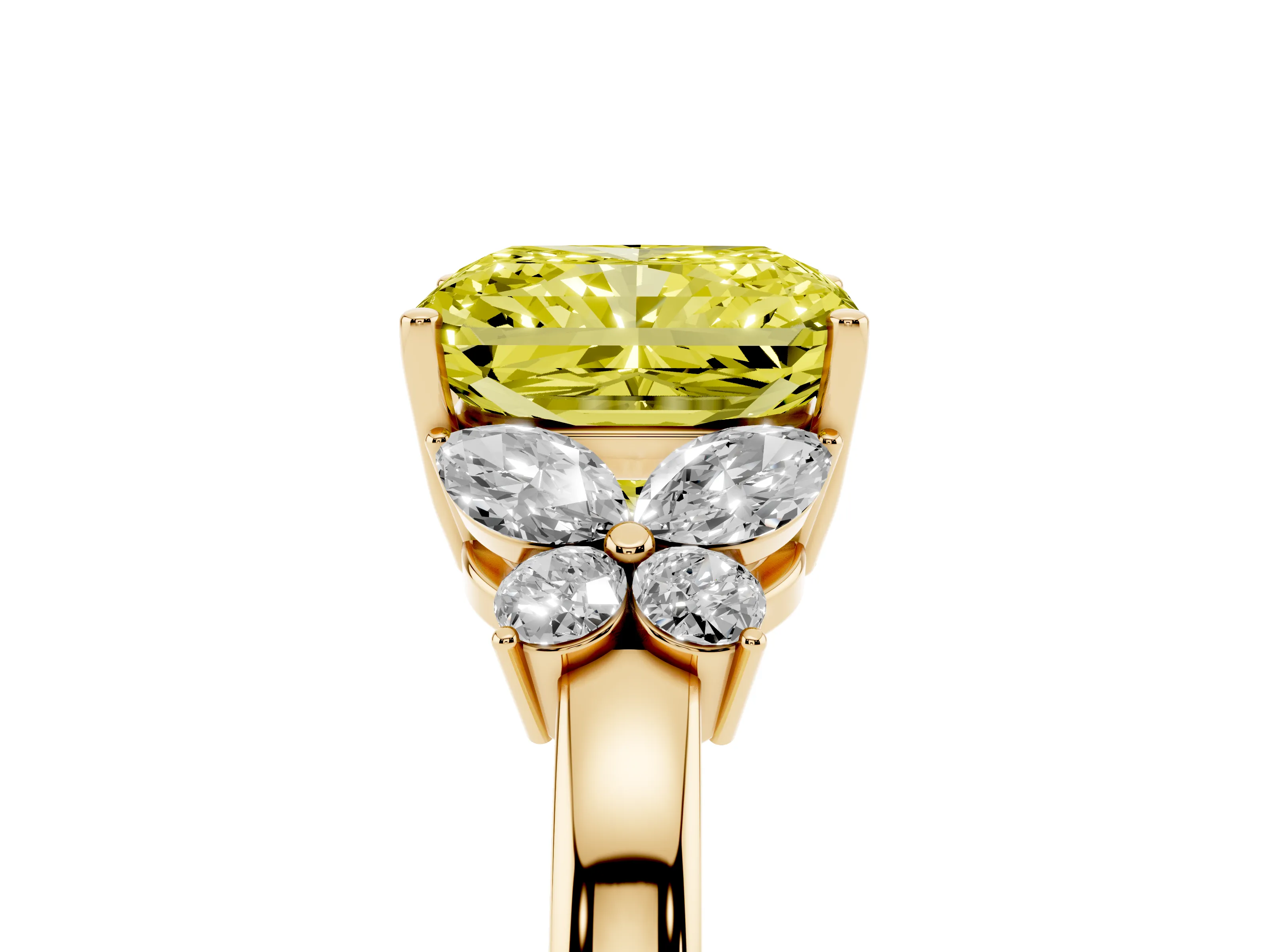 Fancy Yellow Radiant Cut Diamond Solitaire Floral Ring Set in Yellow gold with Marquise Petals and Prong Setting