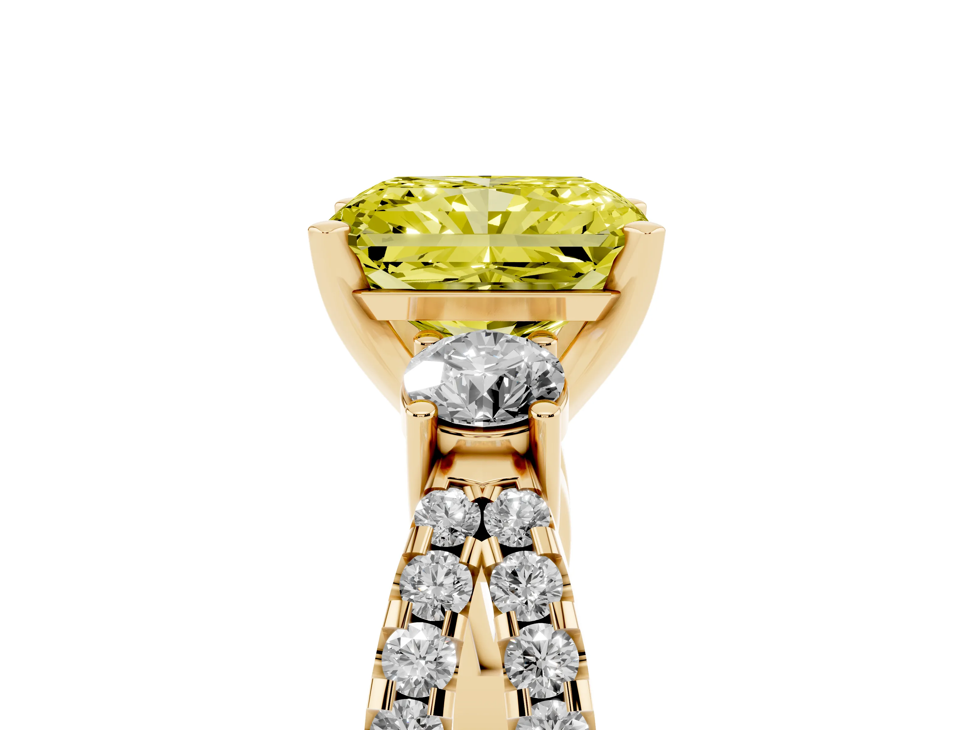 Fancy Yellow Radiant Cut Diamond Three-Stone Ring Set in Yellow gold with Pavé Split Shank and Prong Setting
