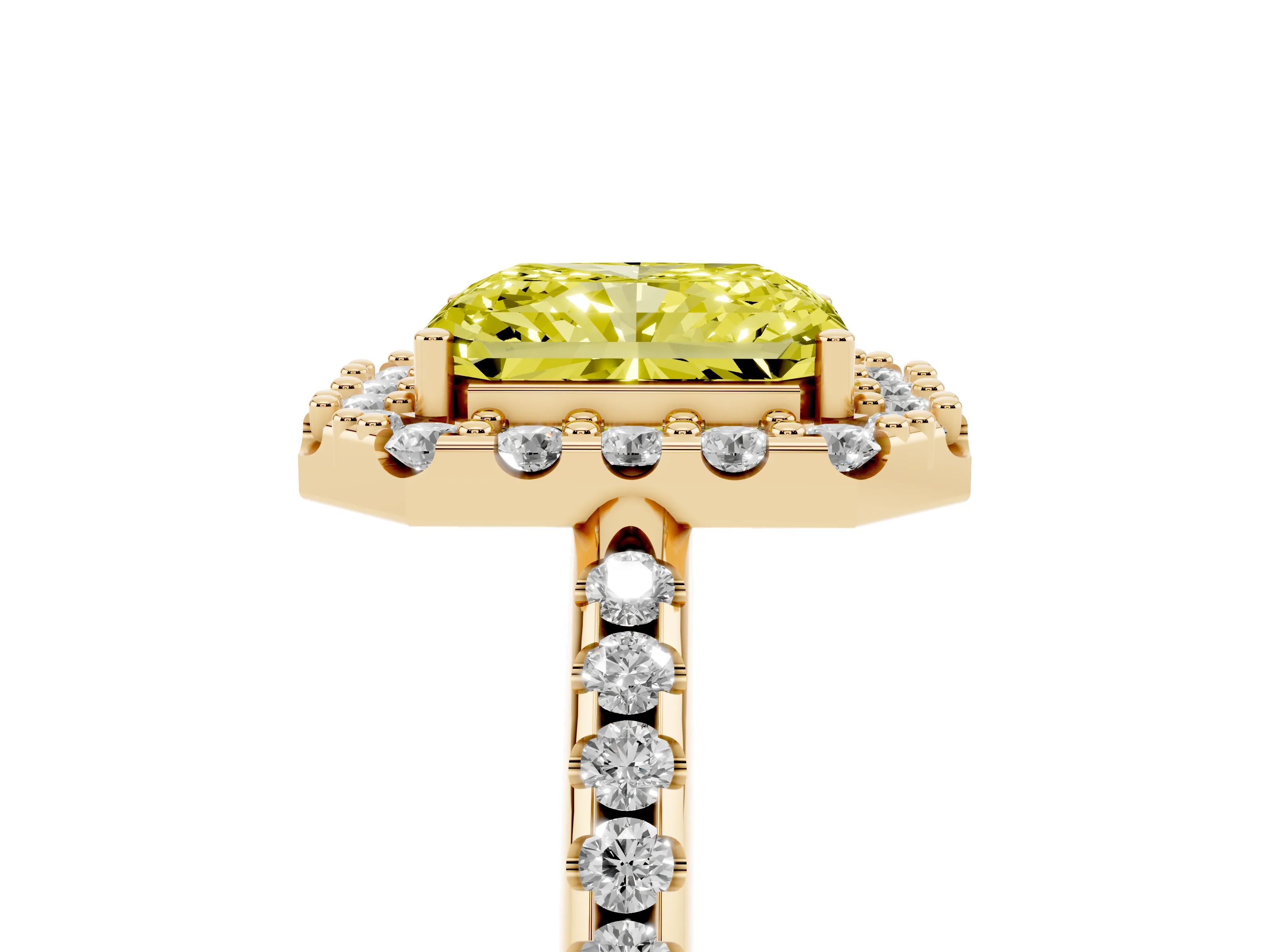 Fancy Yellow Radiant Cut Diamond Pavé Halo Ring Set in Yellow gold with Prong Setting