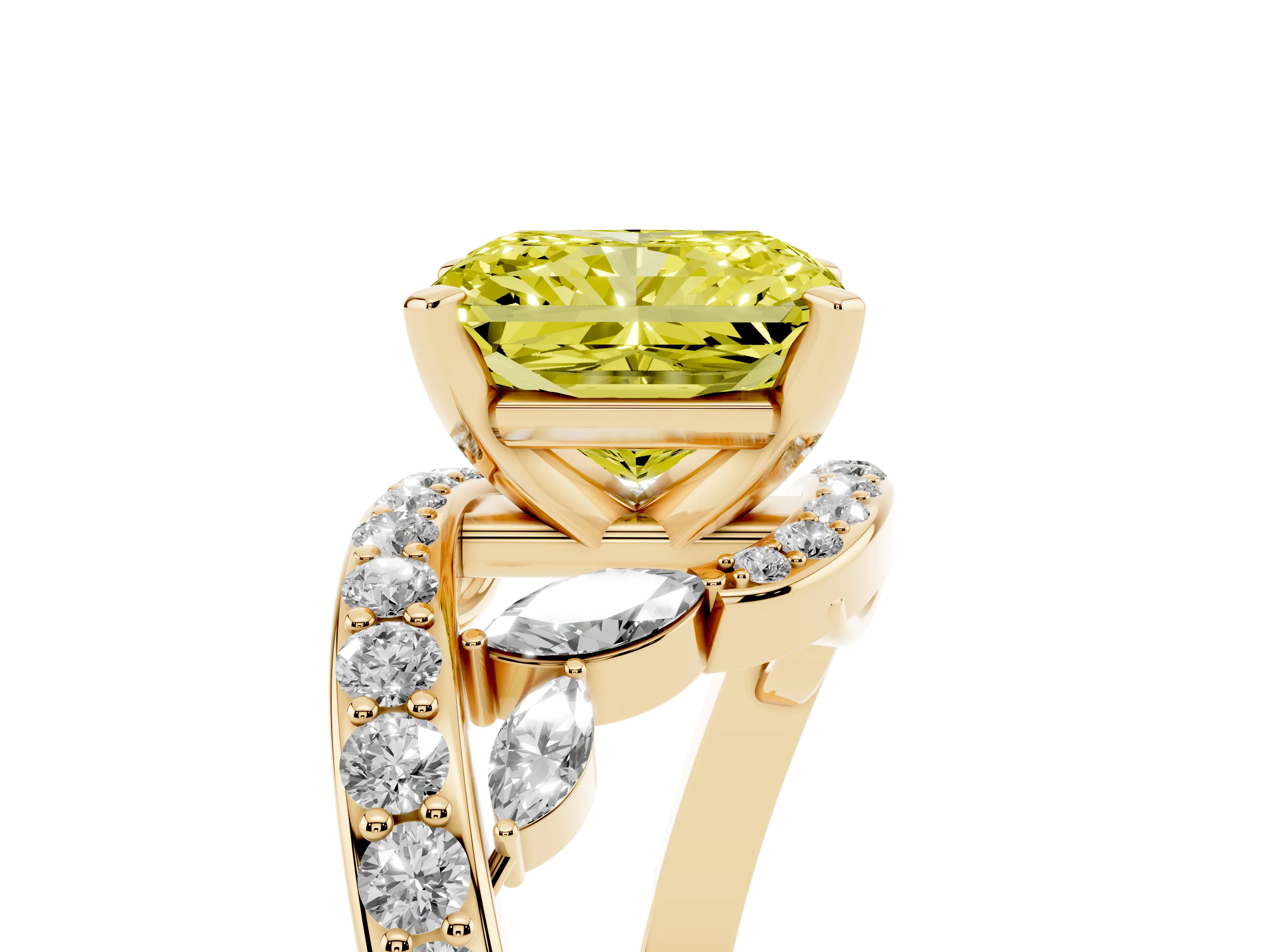 Fancy Yellow Radiant Cut Diamond Solitaire Ring Set in Yellow gold with Pavé Twist Band and Secure Prong Setting