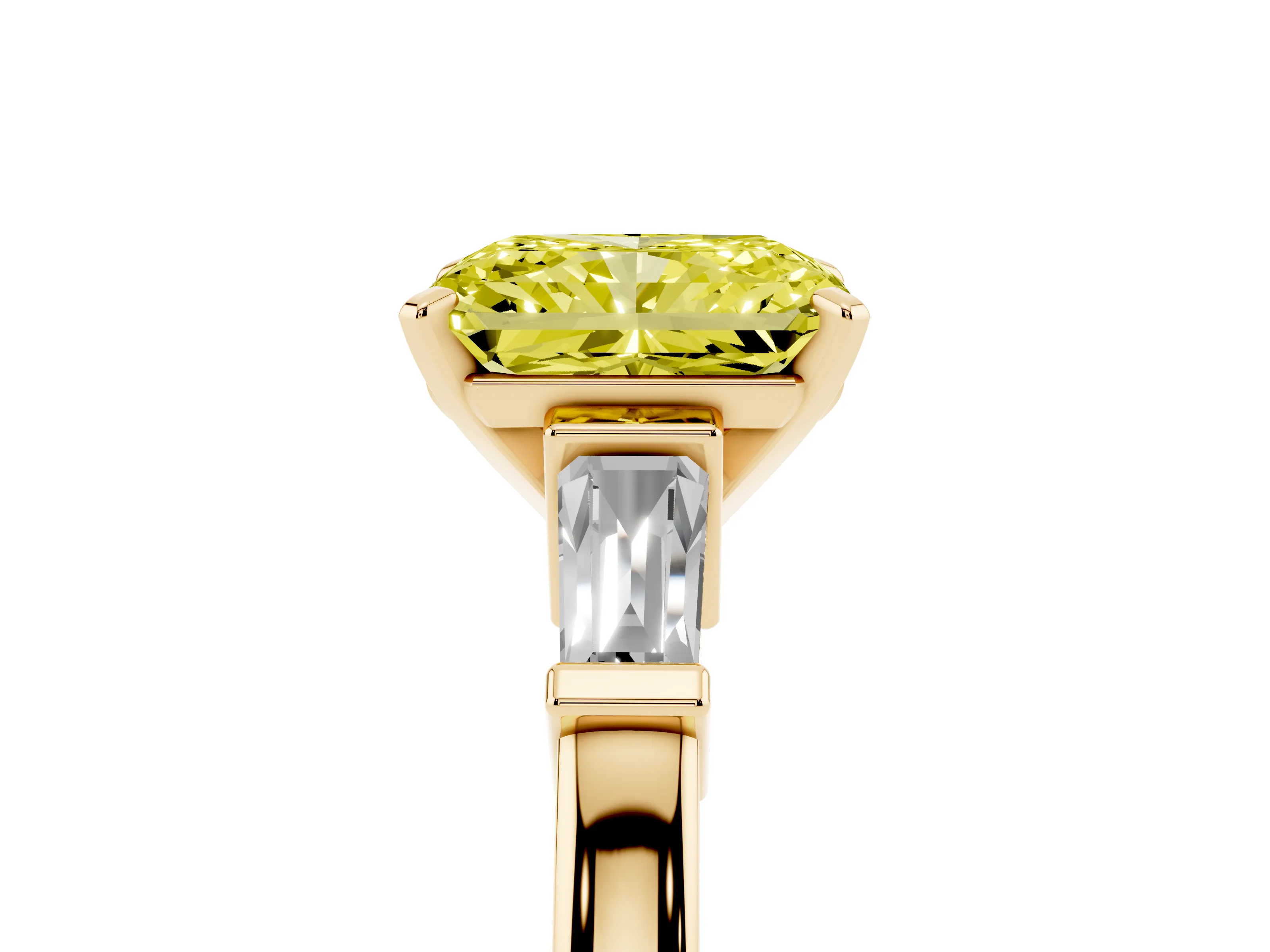 Fancy Yellow Radiant Cut Diamond Solitaire Ring Set in Yellow gold with Tapered Baguette Accents and Prong Setting