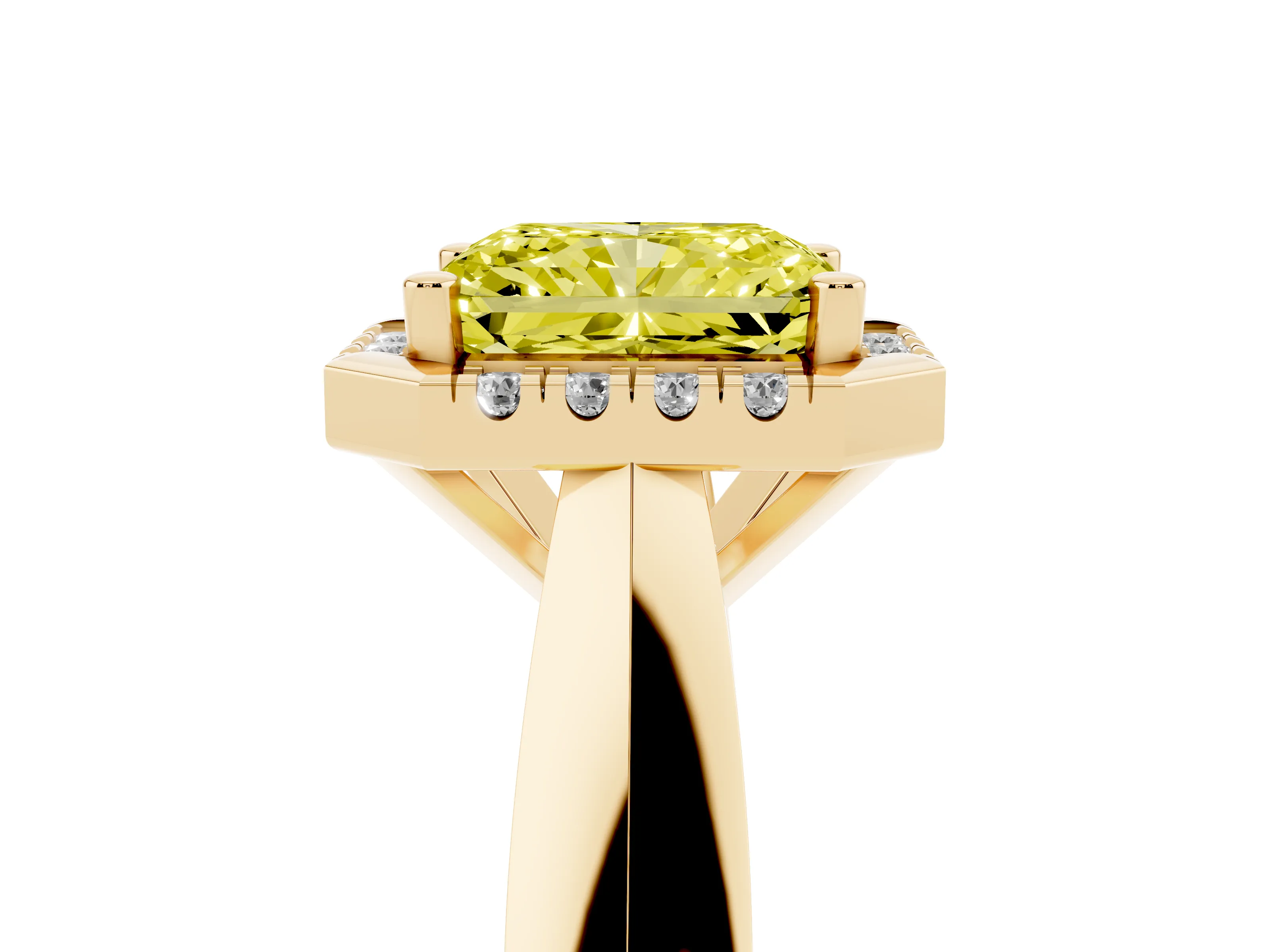Fancy Yellow Radiant Cut Diamond Halo Solitaire Engagement Ring Set in Yellow gold with Square Band and Prong Setting