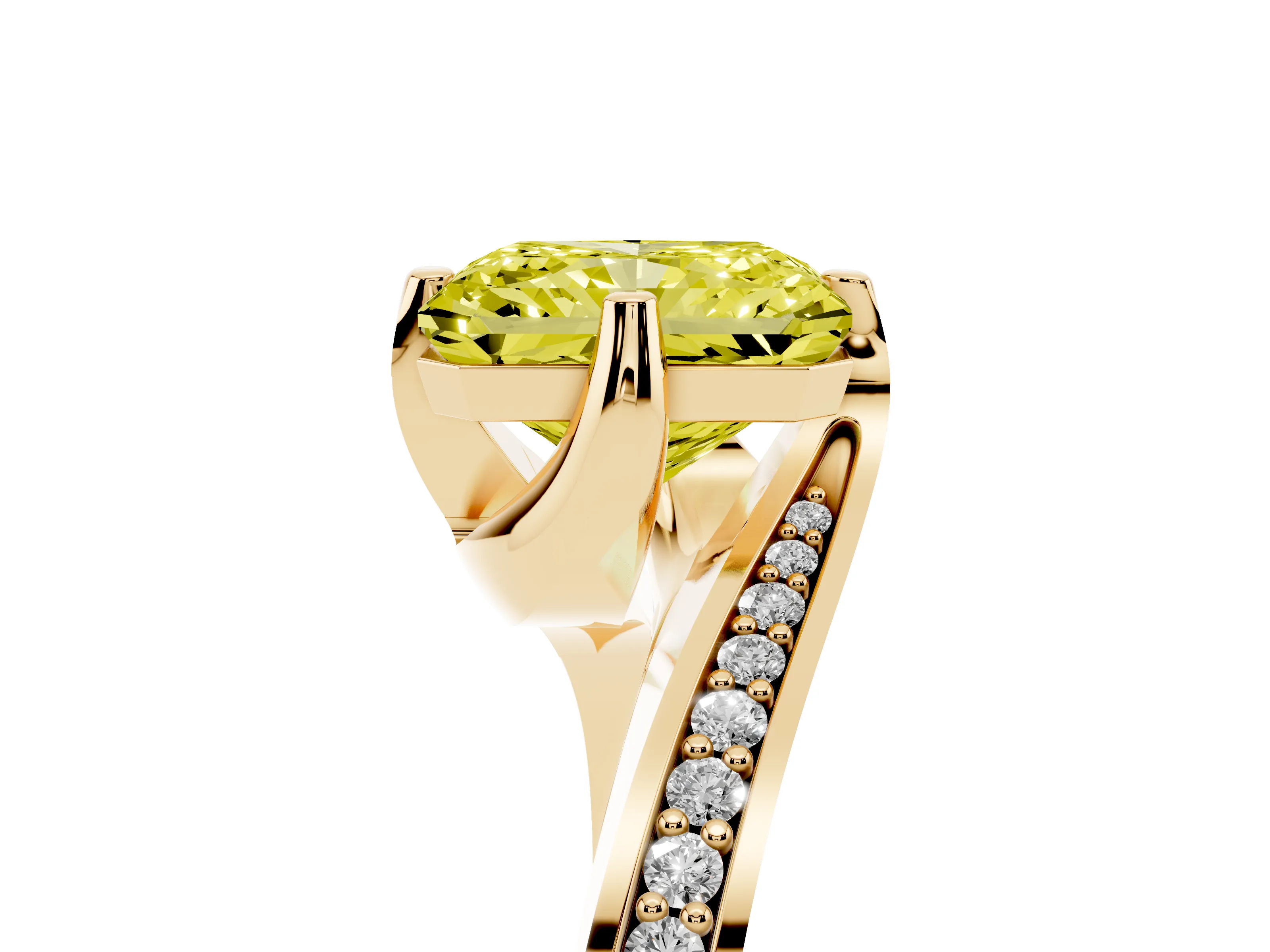 Fancy Yellow Radiant Cut Diamond Solitaire Ring Set in Yellow gold with Intertwined Pavé Twist Band