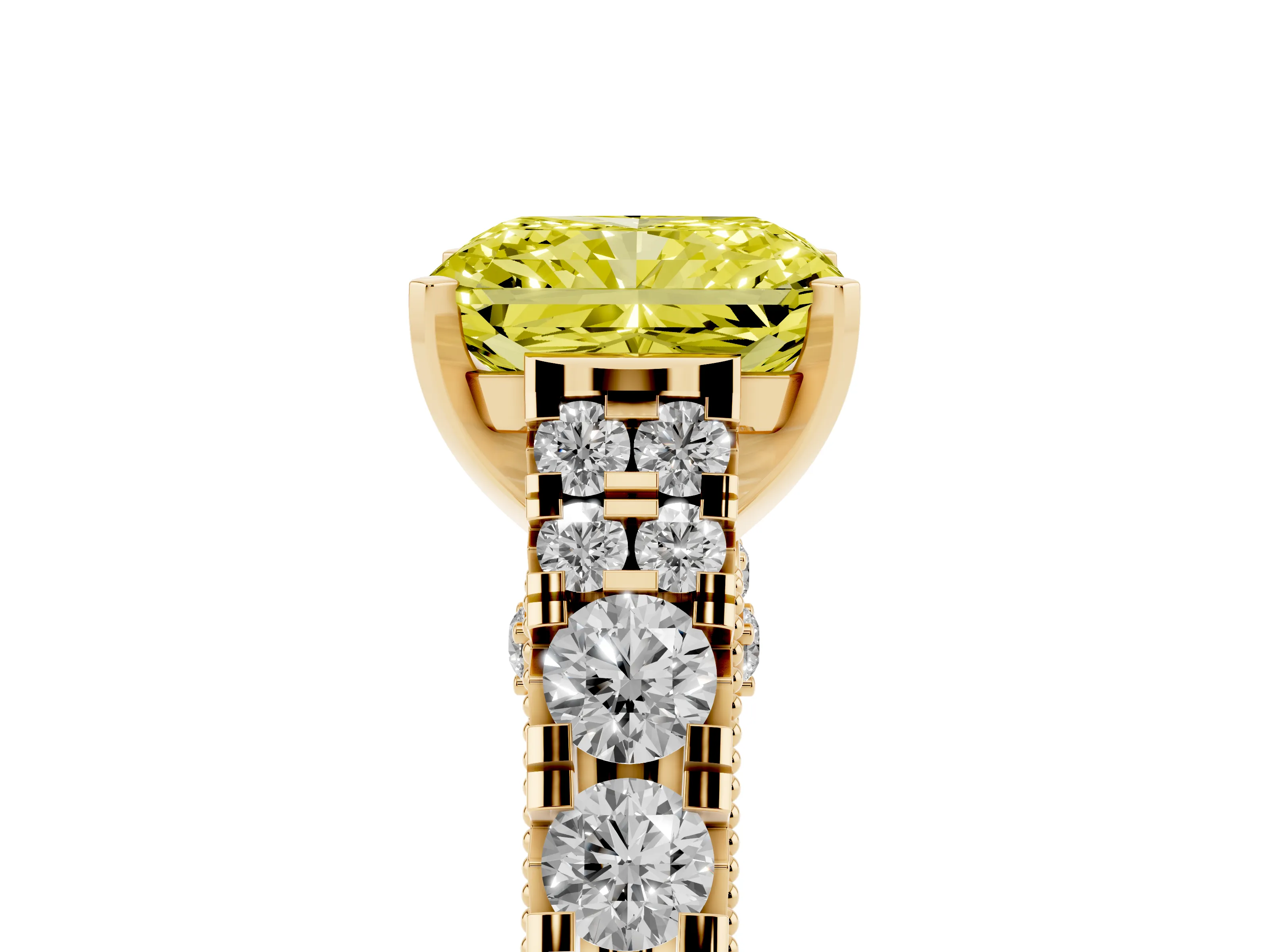 Fancy Yellow Radiant Cut Diamond Classic Solitaire Ring Set in Yellow gold with Pavé Band and Prong Setting