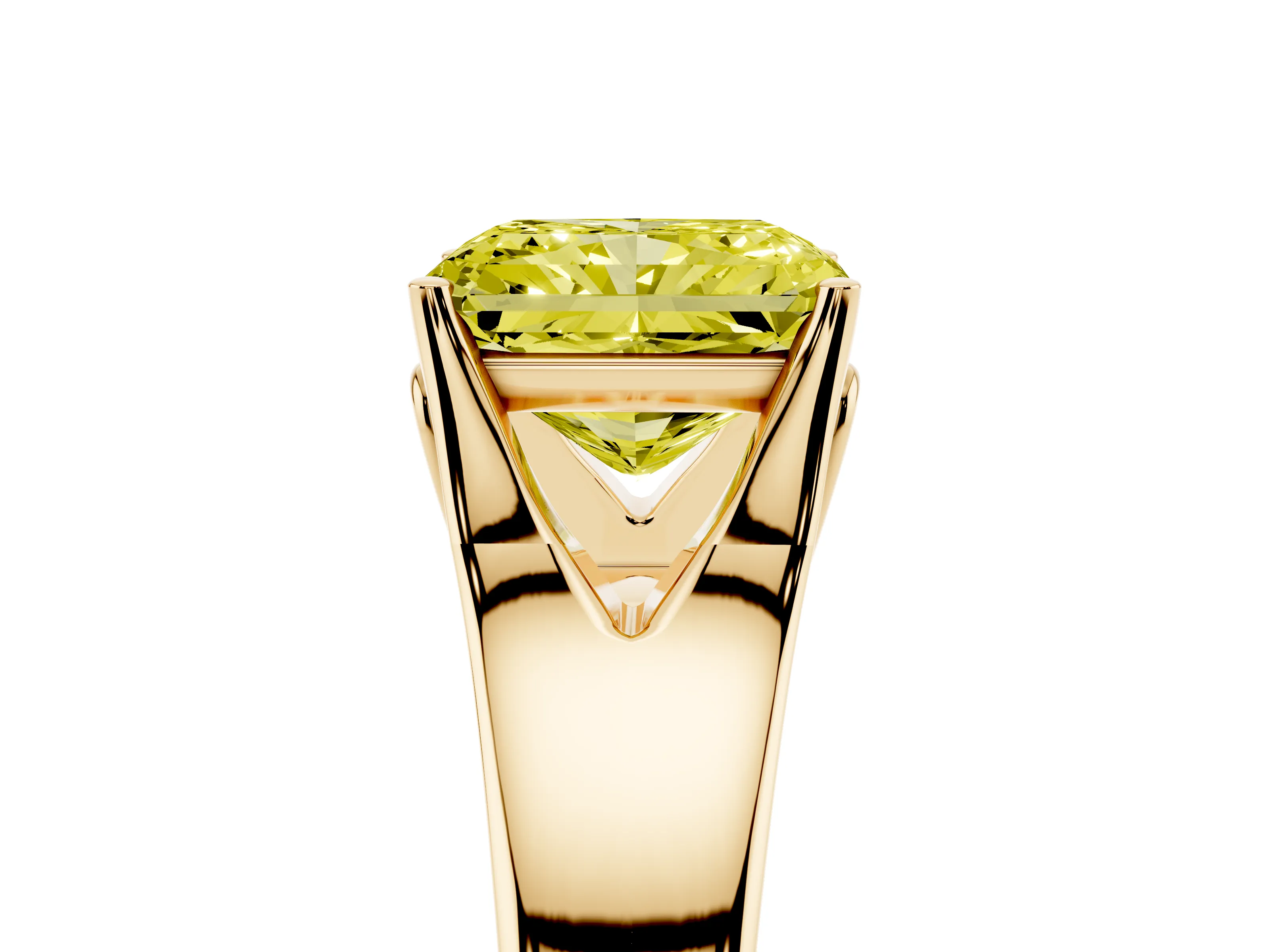 Fancy Yellow Radiant Cut Diamond Solitaire Ring Set in Yellow gold with Arched Cathedral Band and Prong Setting