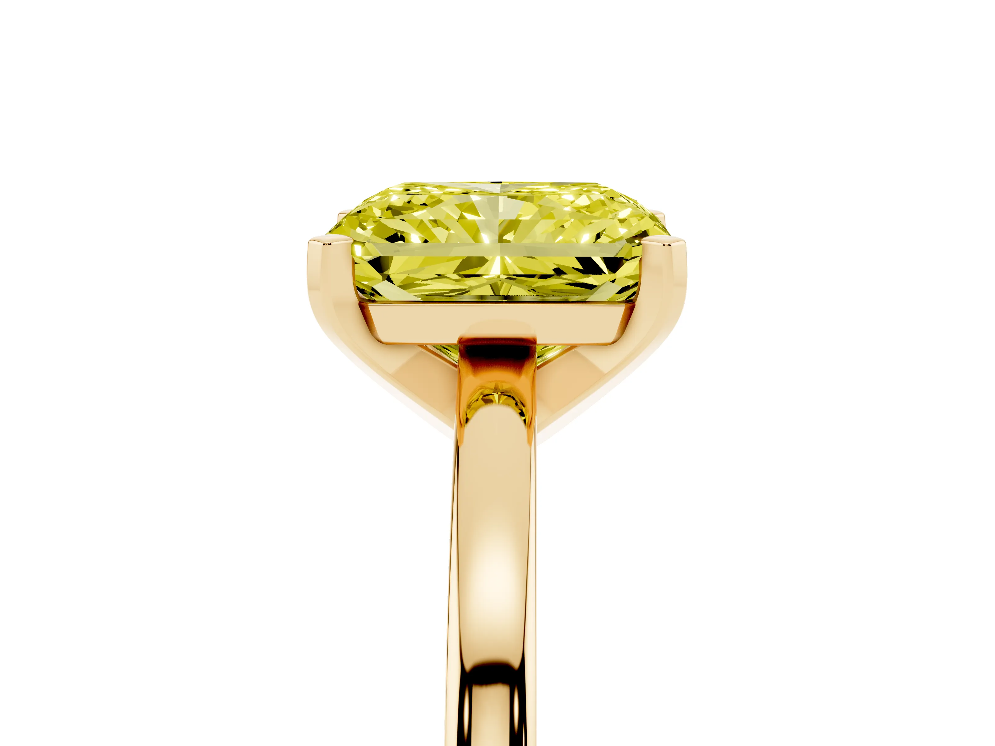 Fancy Yellow Radiant Cut Diamond Solitaire Engagement Ring Set in Yellow gold with Prong Setting on a Classic Band
