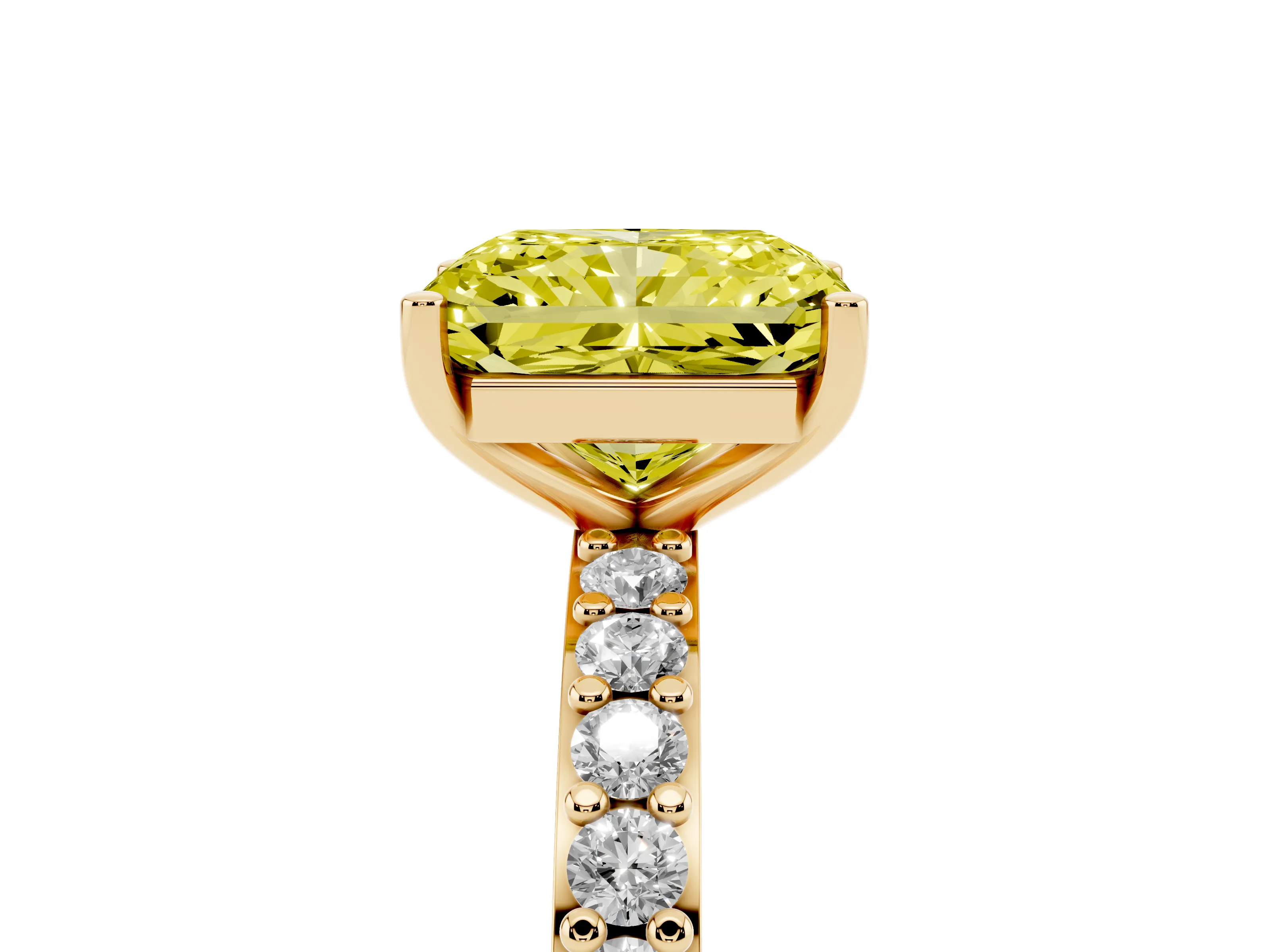 Fancy Yellow Radiant Cut Diamond Solitaire Set in Yellow gold with Round Pavé Band and Prong Setting