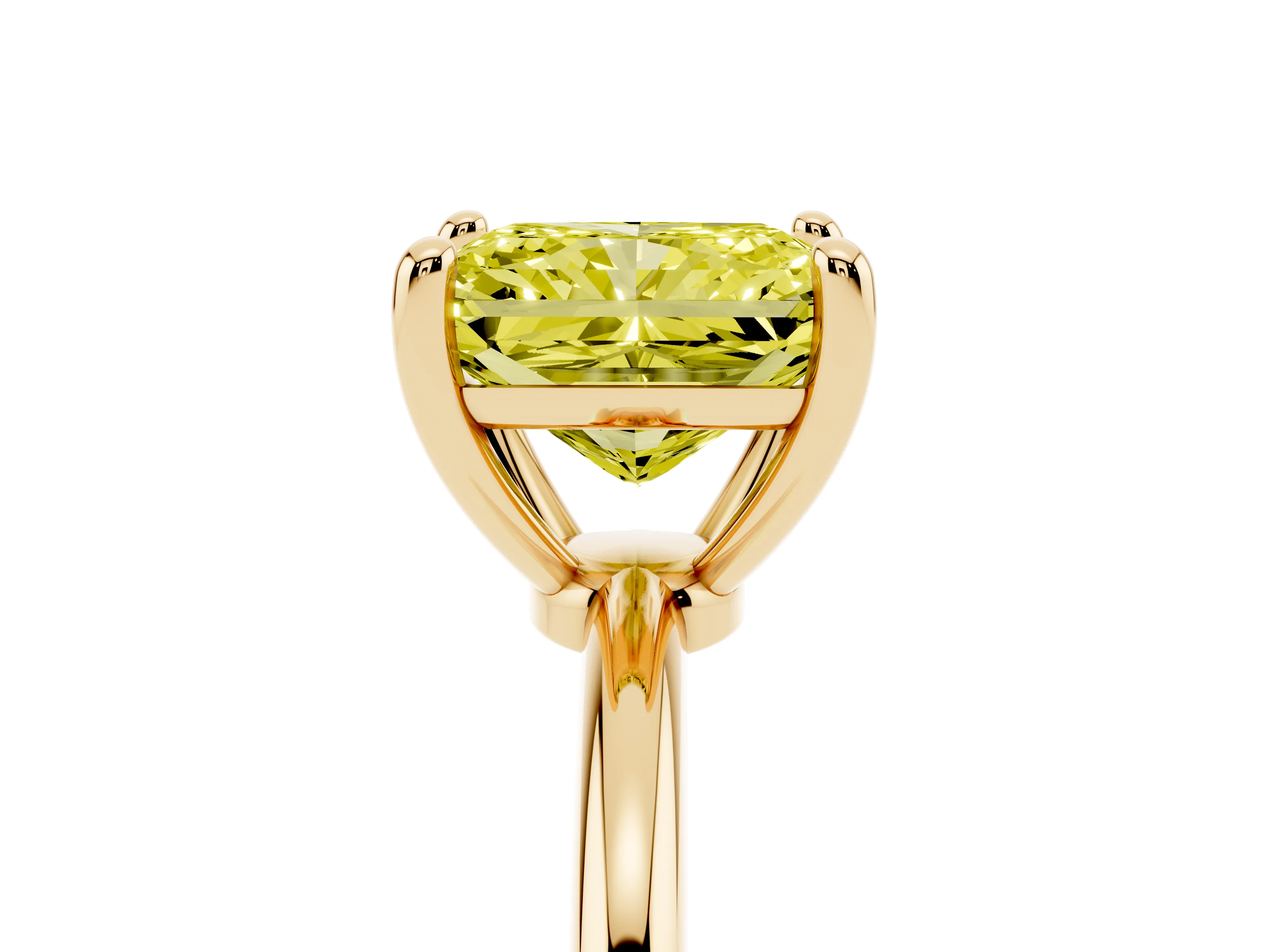 Fancy Yellow Radiant Cut Diamond Solitaire Ring Set in Yellow gold with Secure Prong Setting on a Classic Band