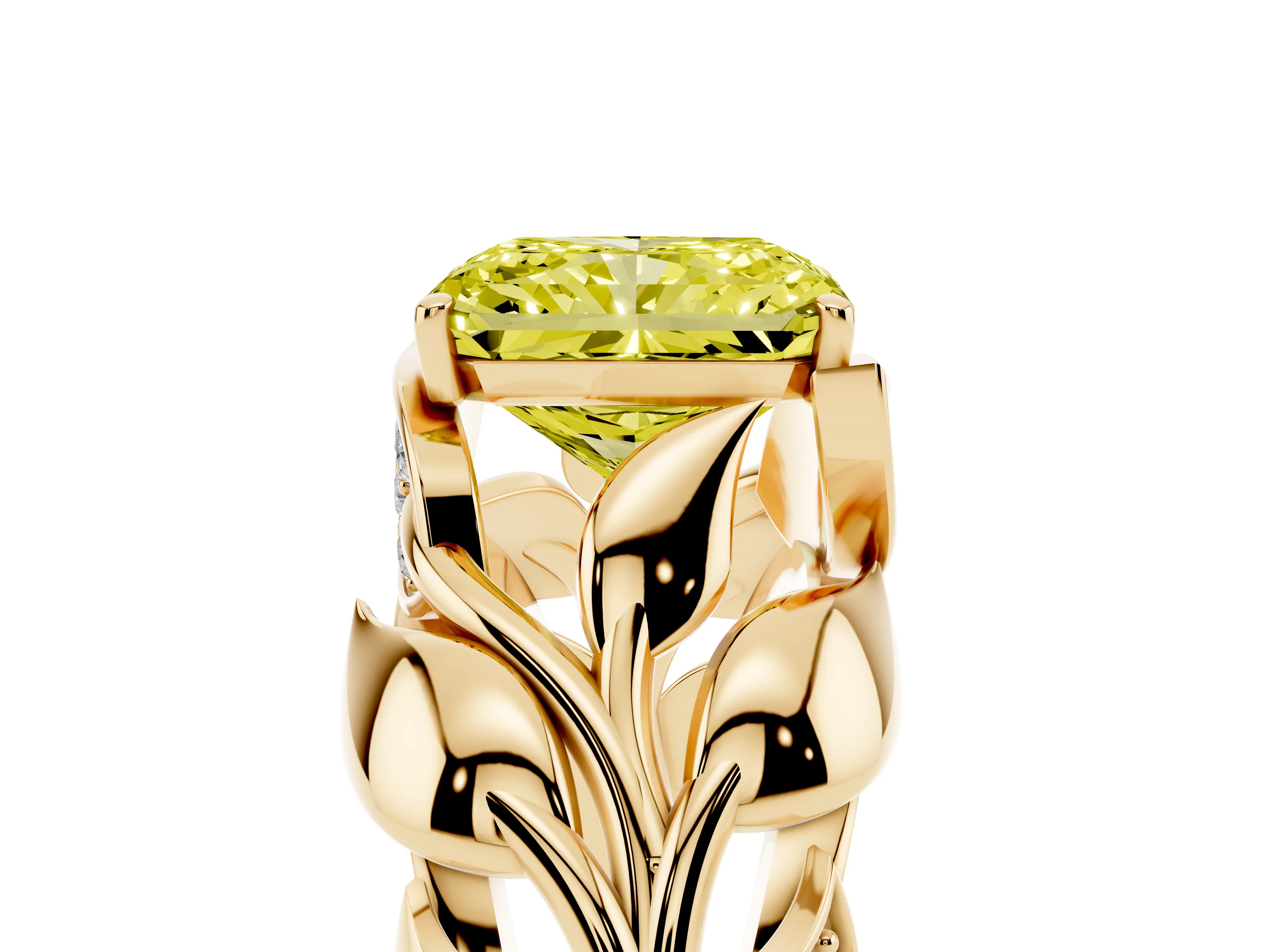 Fancy Yellow Radiant Cut Diamond Leaf-Inspired Engagement Ring Set in Yellow gold with Round Accents