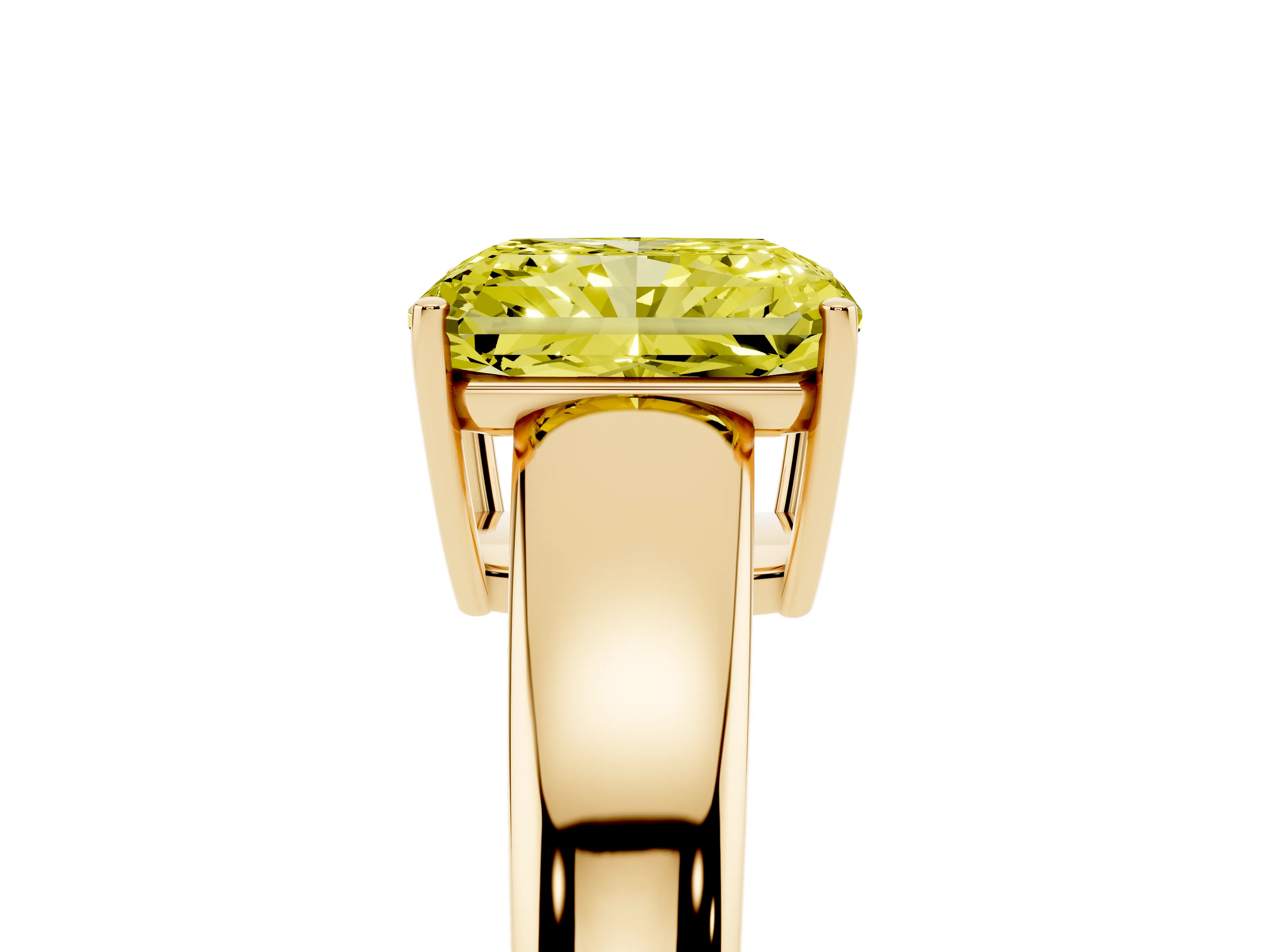 Fancy Yellow Radiant Cut Diamond Solitaire Ring Set in Yellow gold with Tapered Band and Prong Setting
