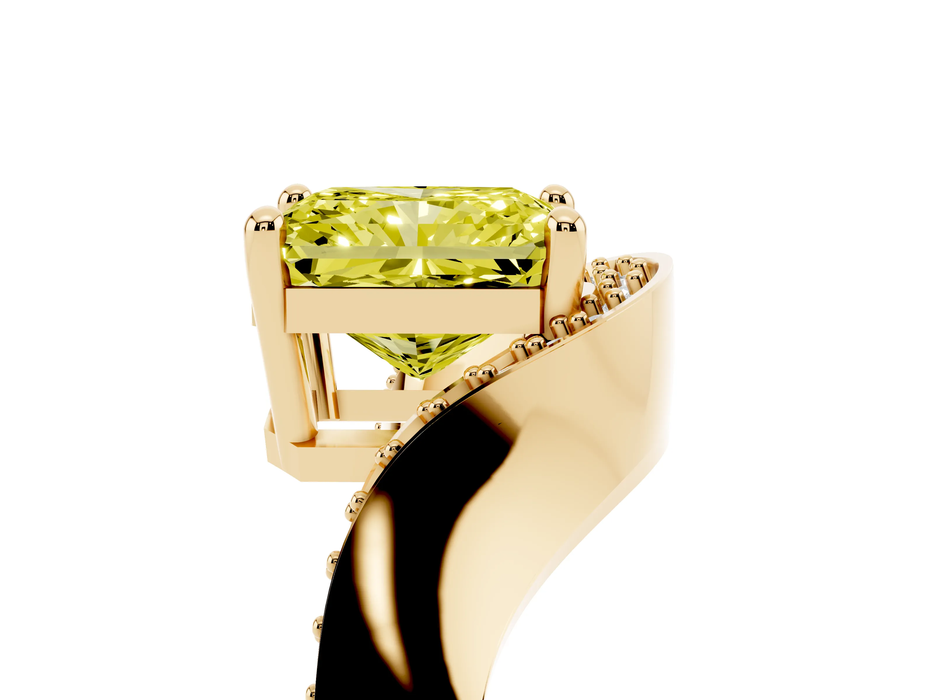 Fancy Yellow Radiant Cut Diamond Solitaire Engagement Ring Set in Yellow gold with Pavé Shoulders