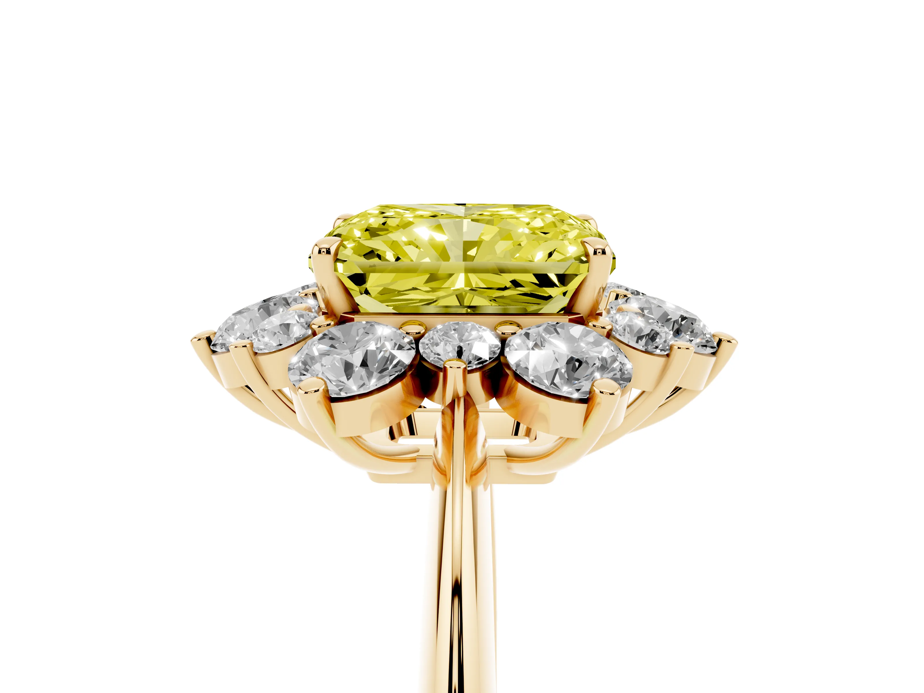 Fancy Yellow Radiant Cut Diamond Cluster Halo Ring Set in Yellow gold with Solitaire Band and Prong Setting