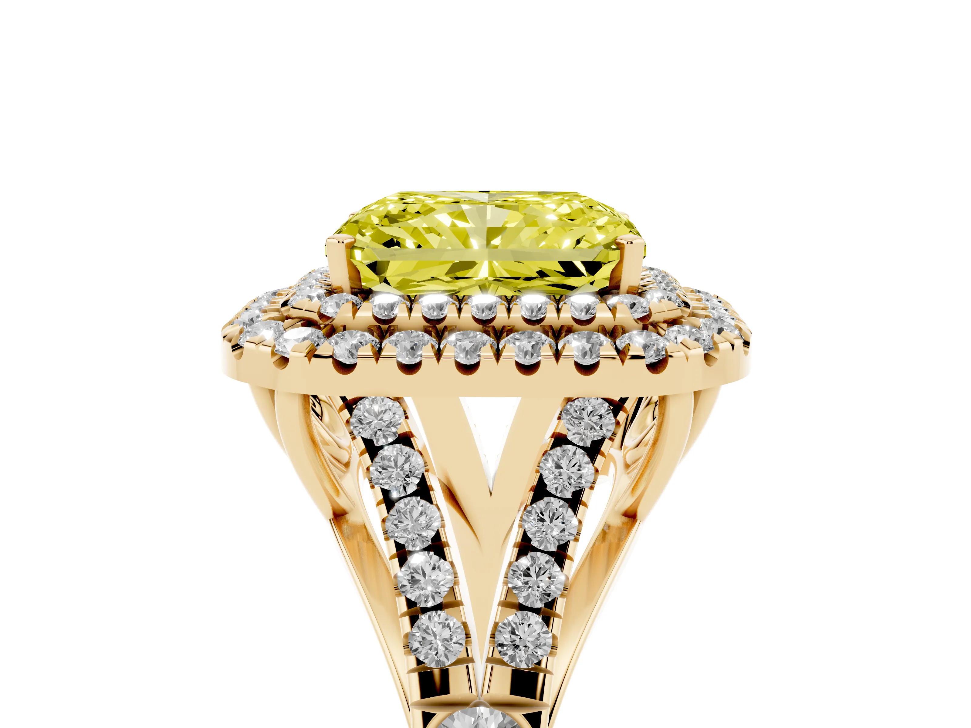 Fancy Yellow Radiant Cut Diamond Pavé Split Shank Double Halo Engagement Ring Set in Yellow gold