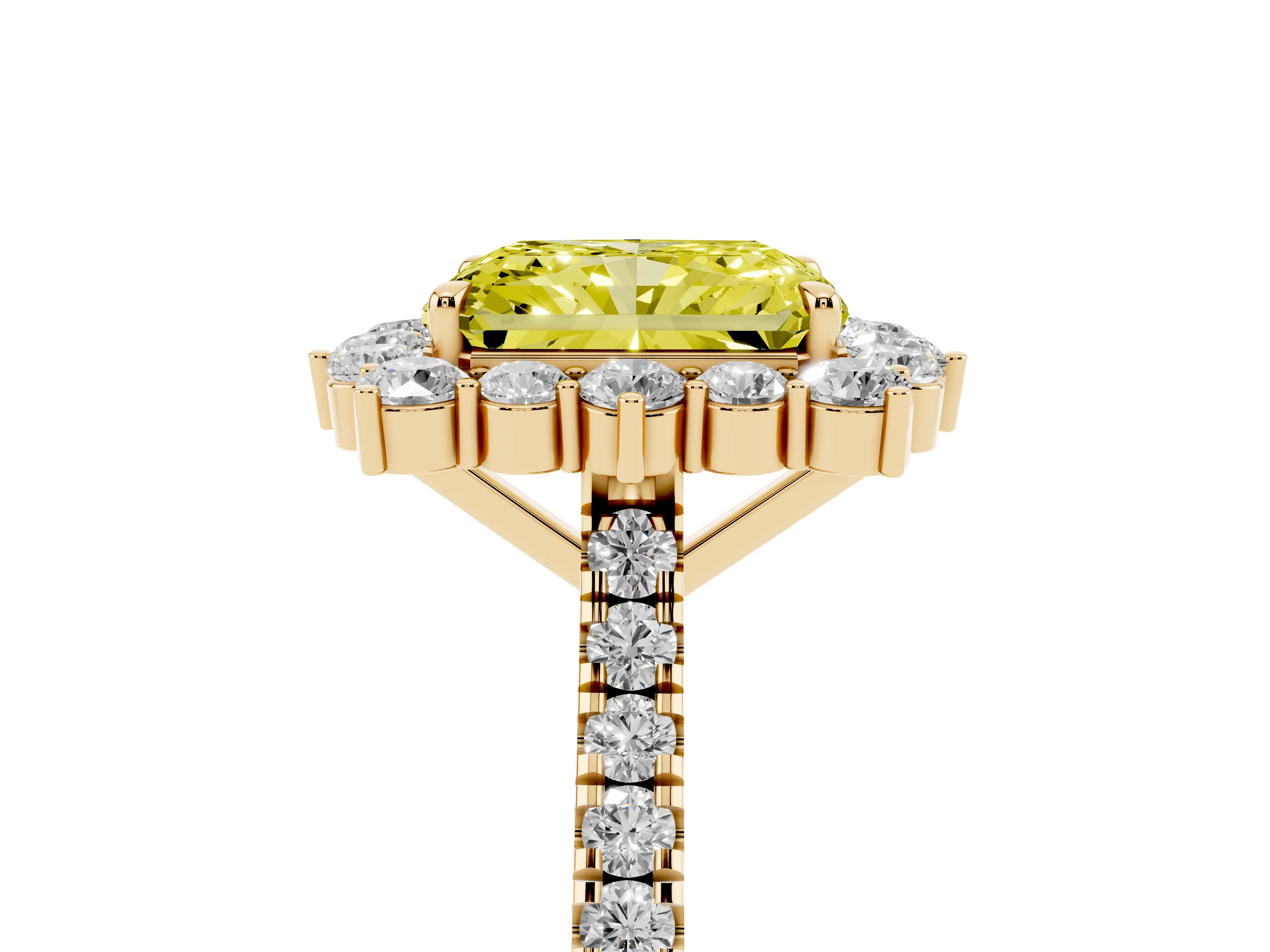 Fancy Yellow Radiant Cut Diamond Halo Ring Set in Yellow gold with Pavé Band and Prong Setting