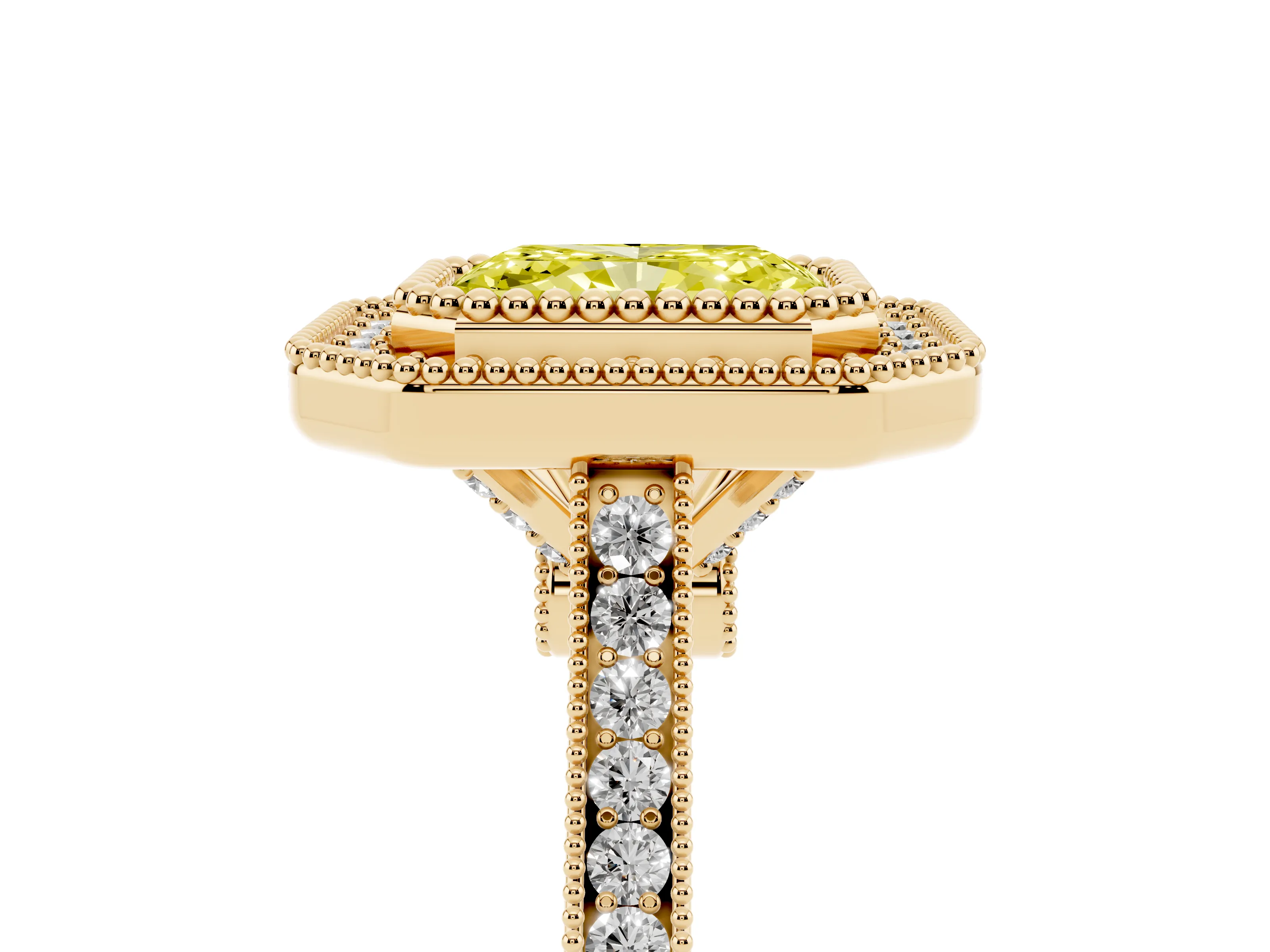 Fancy Yellow Radiant Cut Diamond Halo Ring Set in Yellow gold with Milgrain Frame and Pavé Band