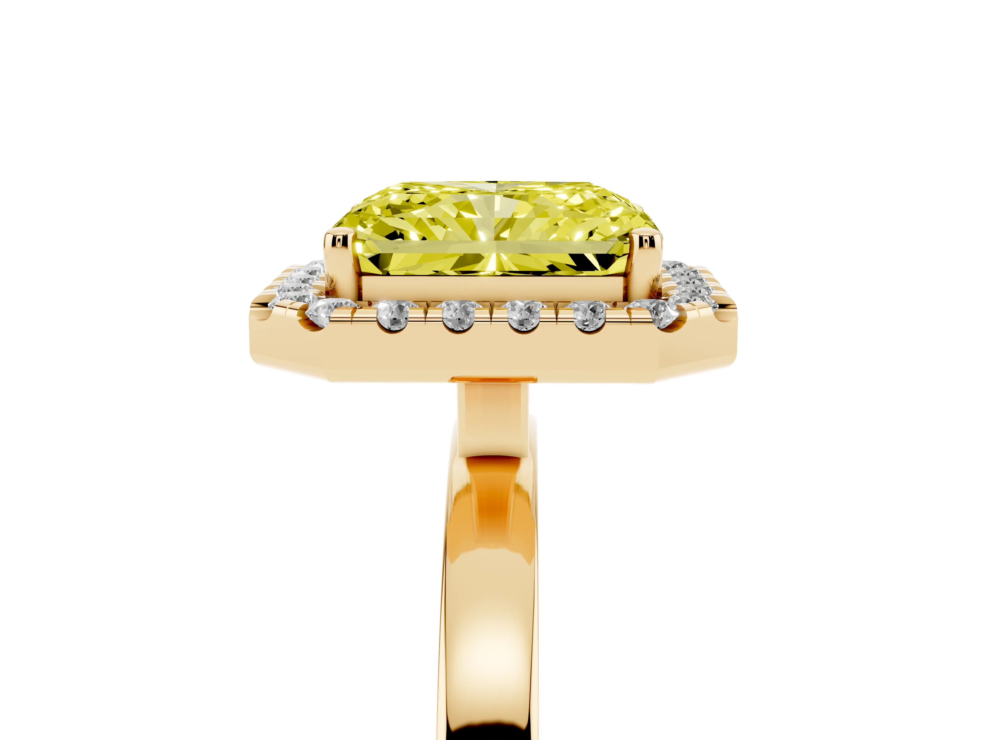 Fancy Yellow Radiant Cut Diamond Halo Solitaire Ring Set in Yellow gold with Pavé Band and Prong Setting