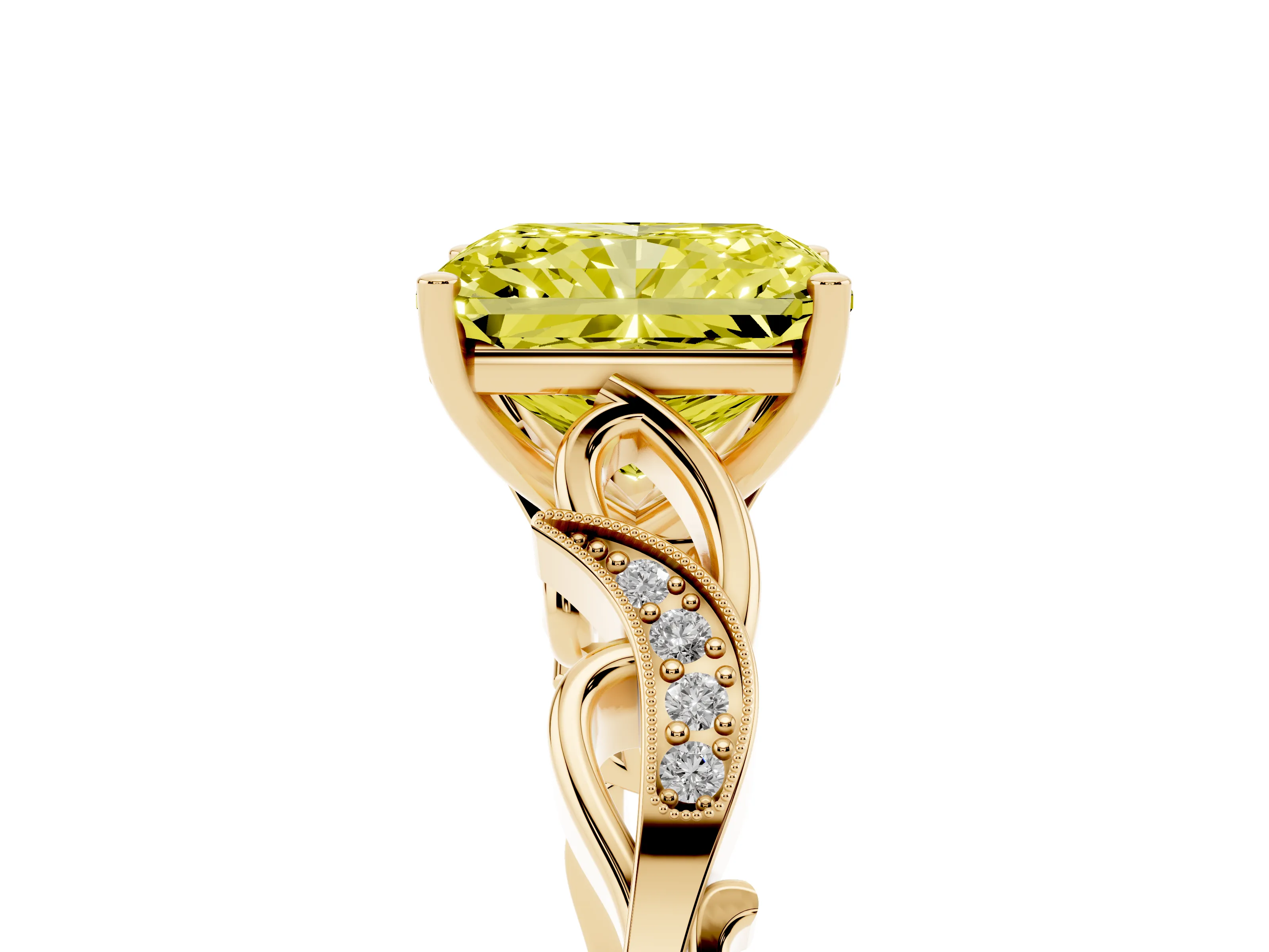 Fancy Yellow Radiant Cut Diamond Vine Band Solitaire Ring Set in Yellow gold with Milgrain Prong Setting