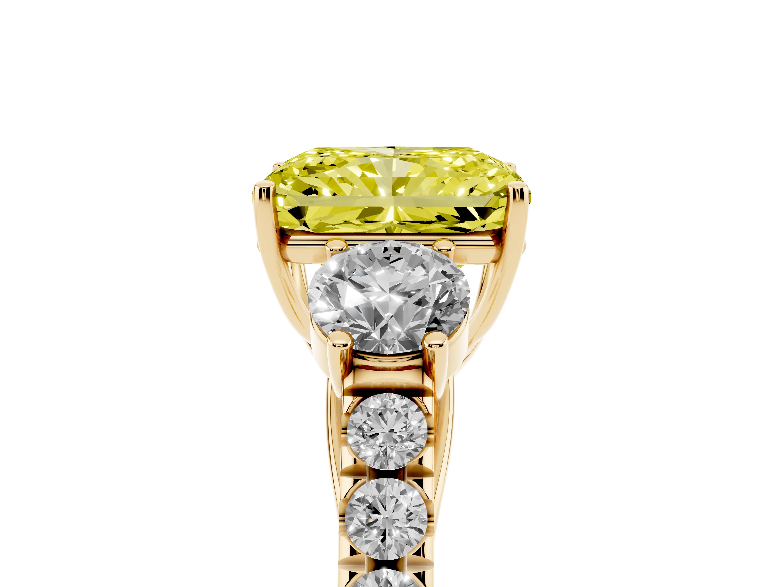 Fancy Yellow Radiant Cut Diamond Three-Stone Ring Set in Yellow gold with Round Side Stones and Delicate Pavé Band