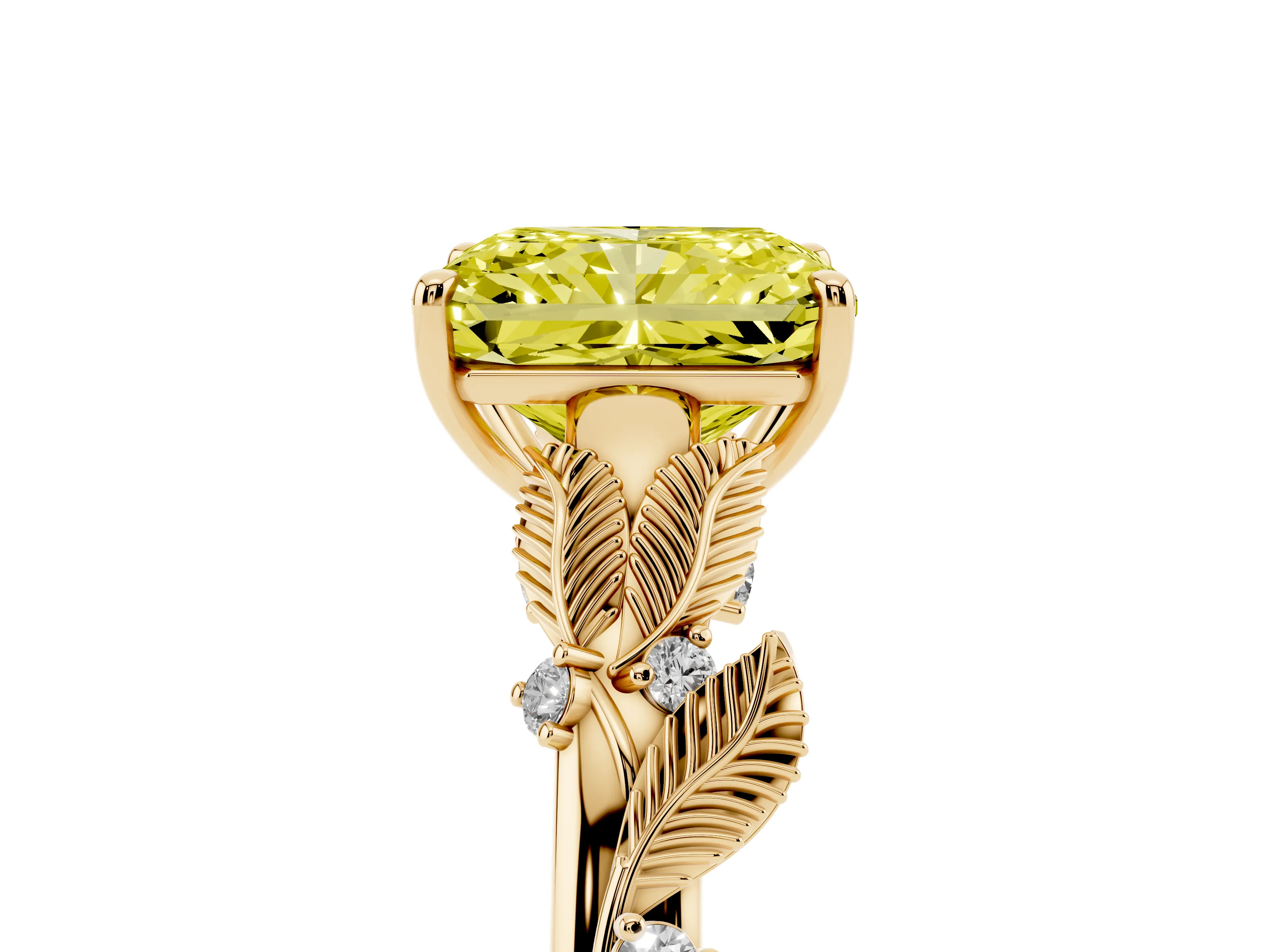 Fancy Yellow Radiant Cut Diamond Solitaire Ring Set in Yellow gold with Leaf Motif Band
