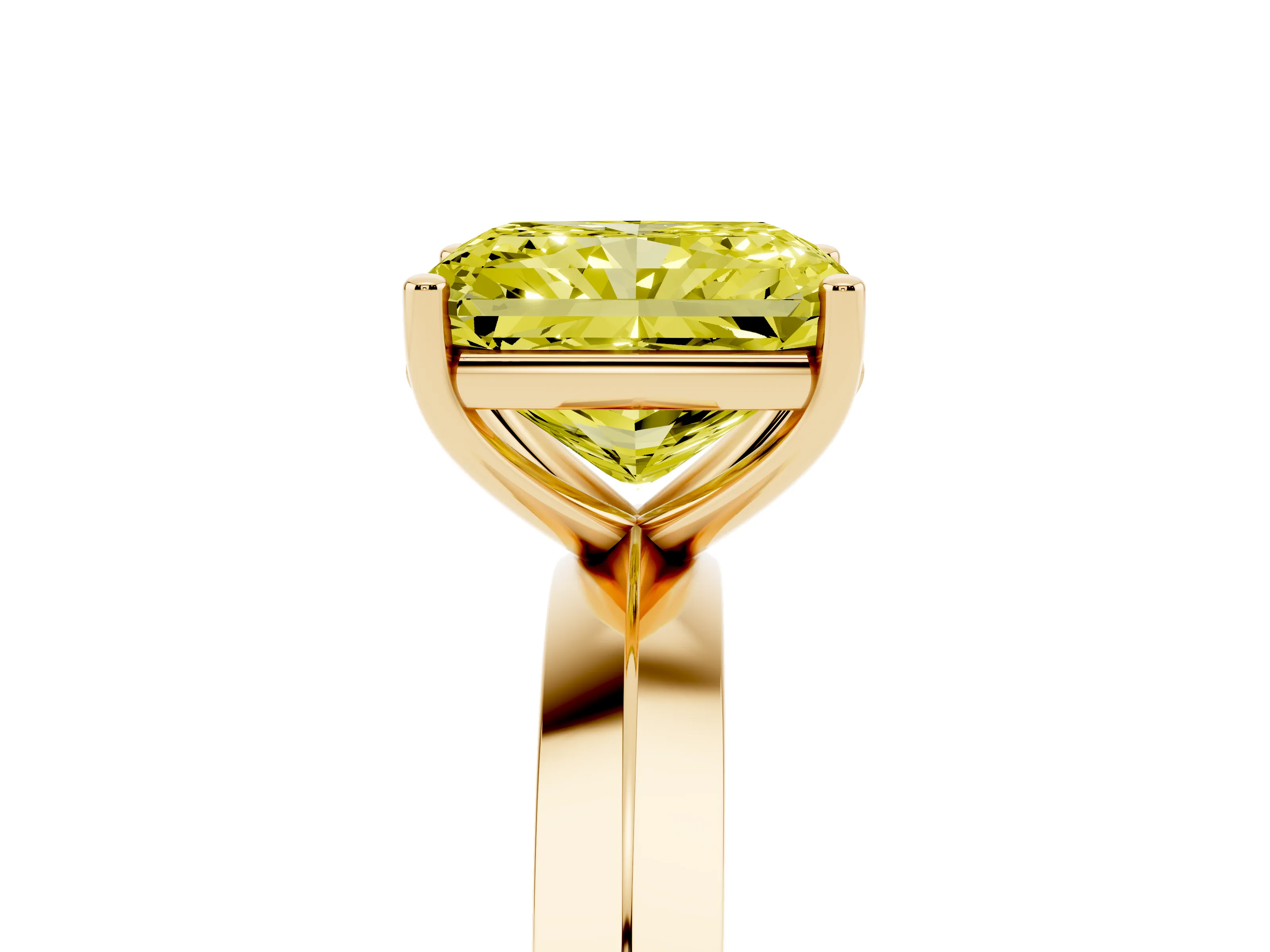 Fancy Yellow Radiant Cut Diamond Solitaire Engagement Ring Set in Yellow gold with Flat Band and Prong Setting