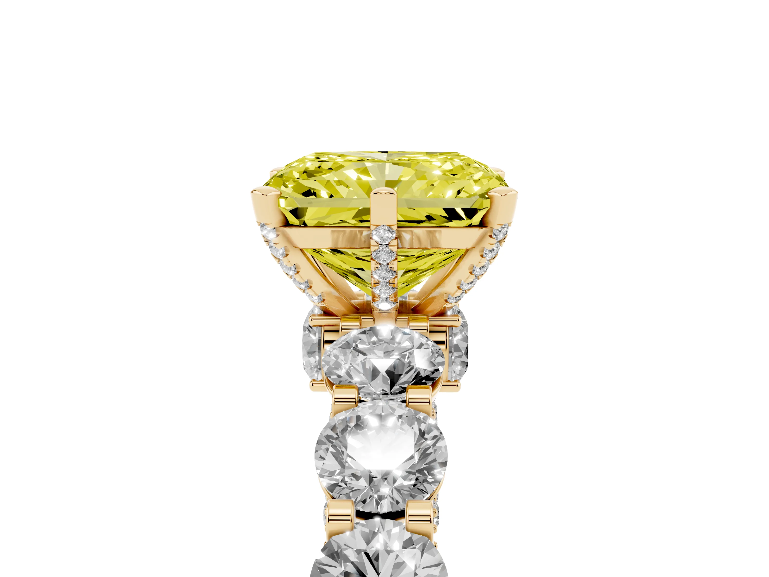 Fancy Yellow Radiant Cut Diamond Side Stone Ring Set in Yellow gold with Alternating Round and Oval Side Stones