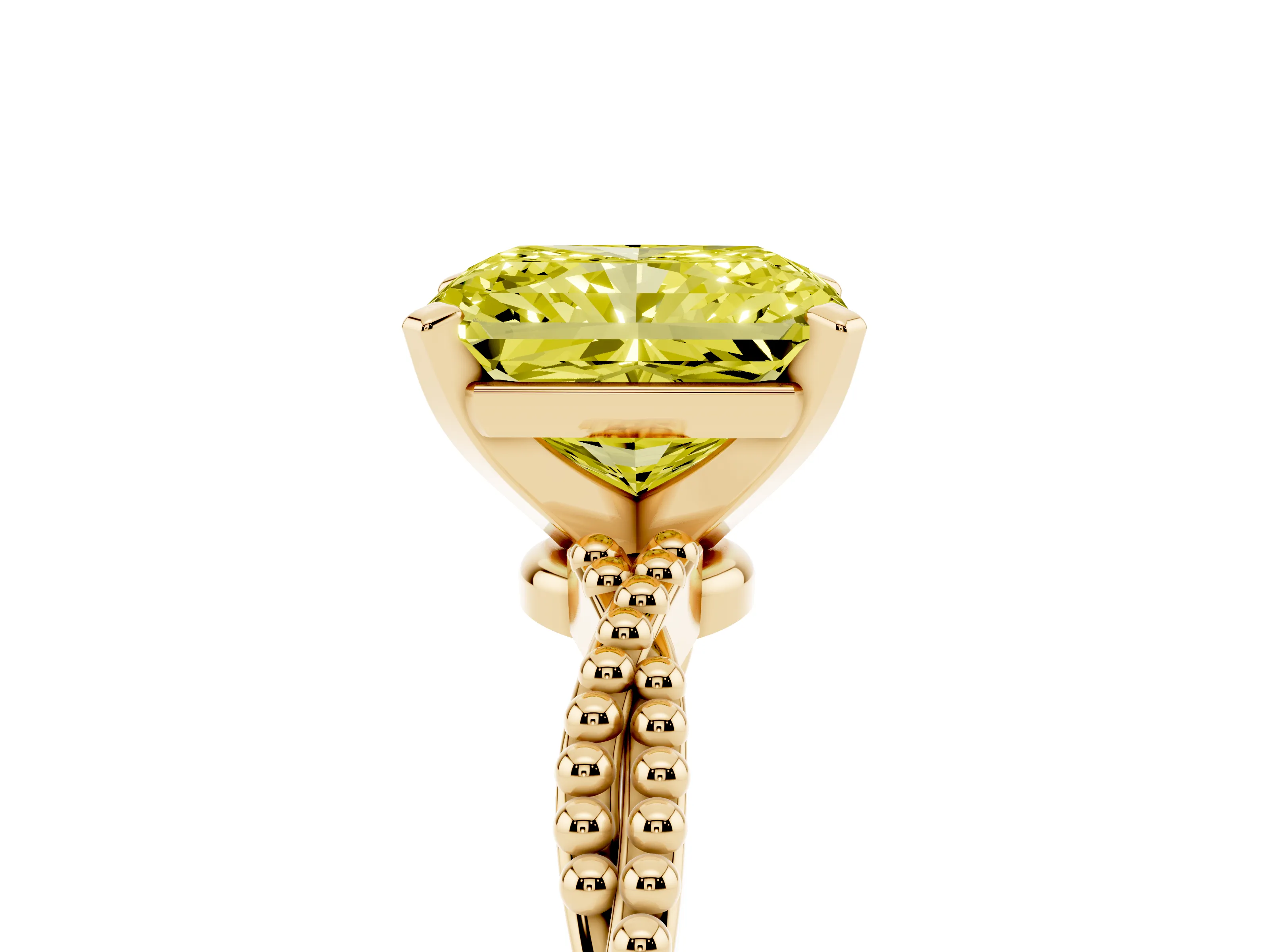 Fancy Yellow Radiant Cut Diamond Solitaire Ring Set in Yellow gold with Twisted Band and Bead Prong Setting