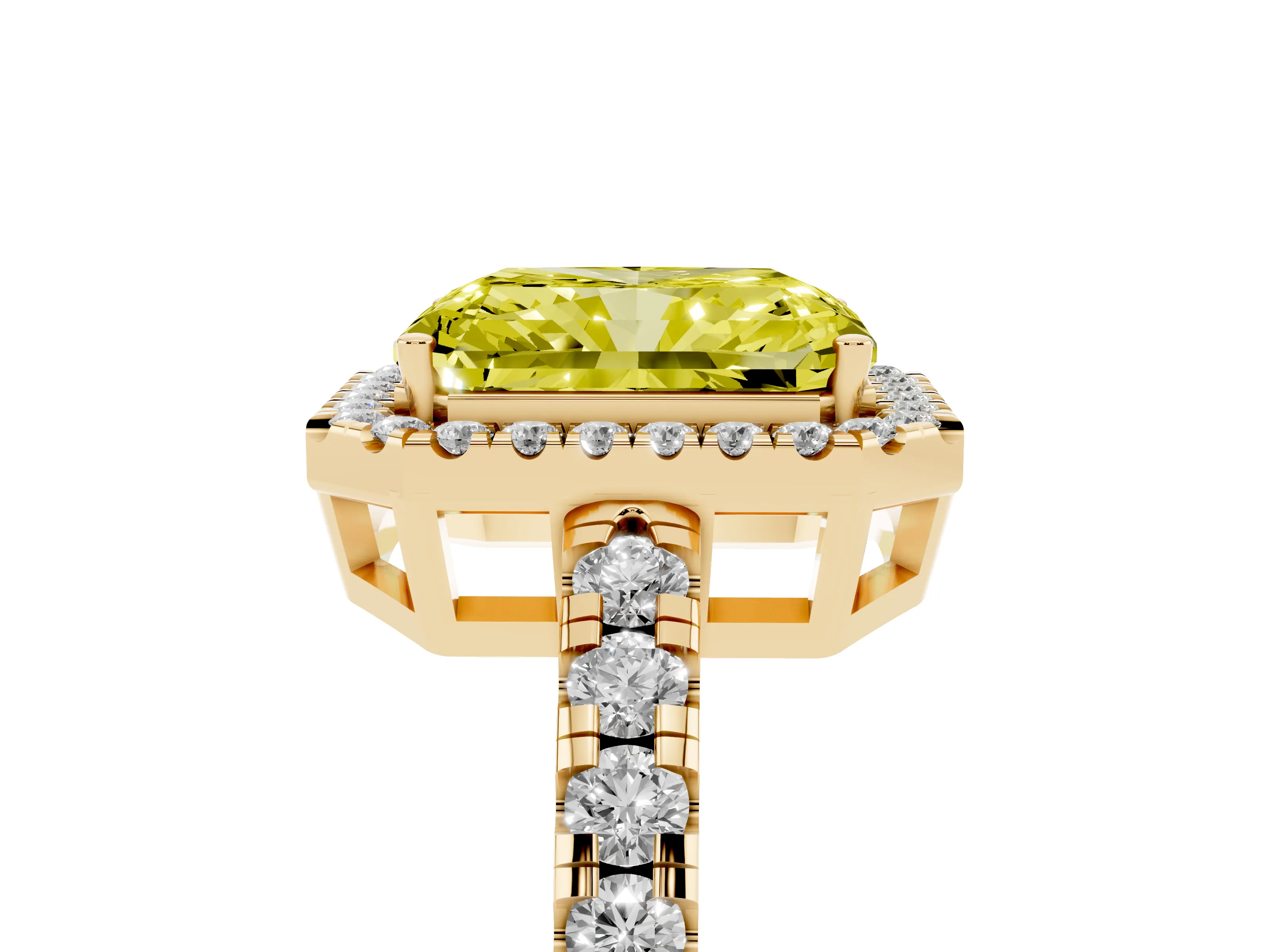 Fancy Yellow Radiant Cut Diamond Halo Ring Set in Yellow gold with Delicate Pavé Band and Prong Setting
