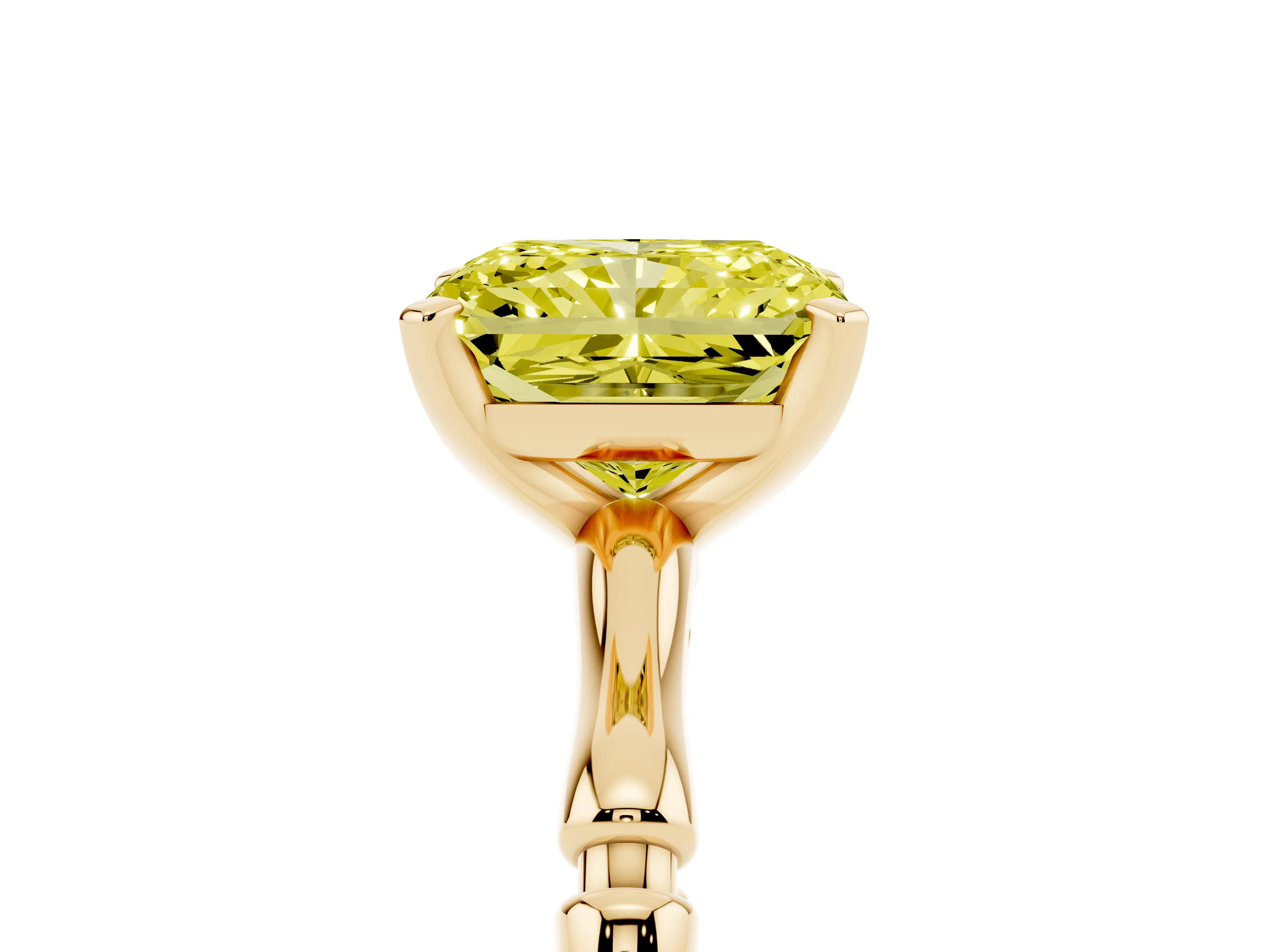 Fancy Yellow Radiant Cut Diamond Solitaire Ring Set in Yellow gold with Bamboo Band and Prong Setting