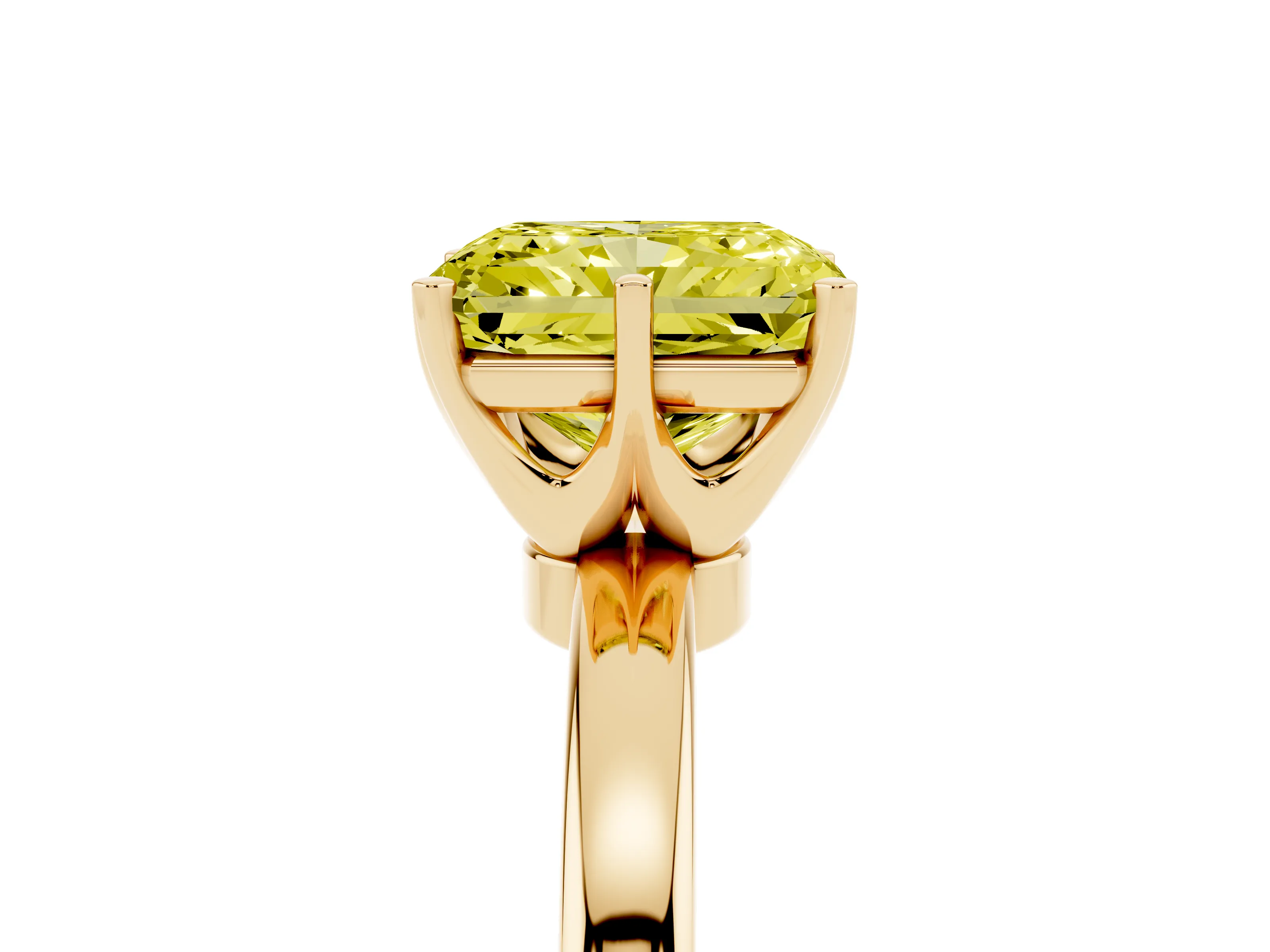 Fancy Yellow Radiant Cut Diamond Solitaire Ring Set in Yellow gold with Raised Prong Setting on a Classic Band