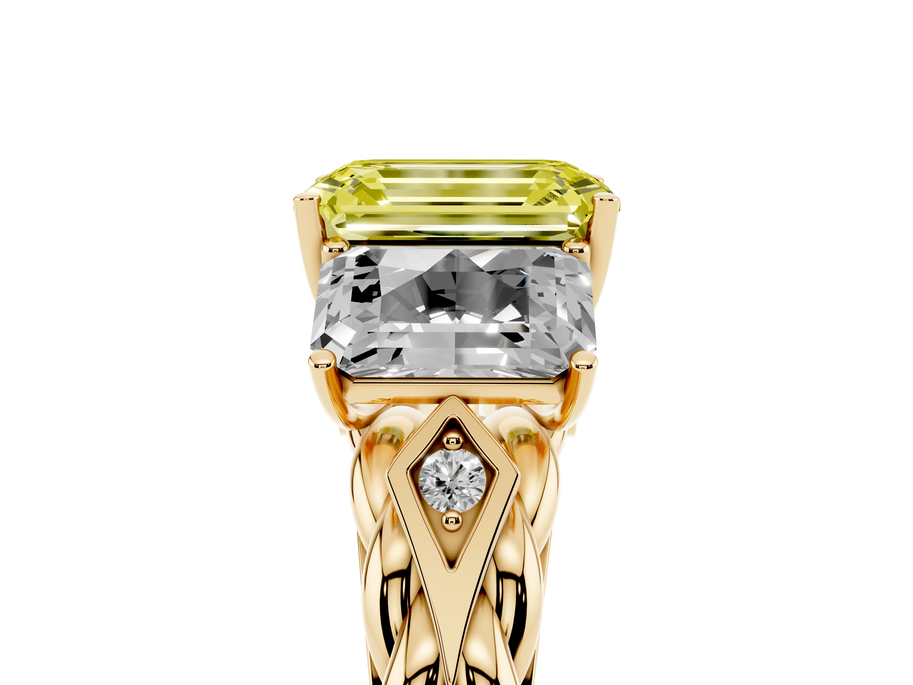 Fancy Yellow Radiant Cut Diamond Three-Stone Ring Set in Yellow gold with Braided Band