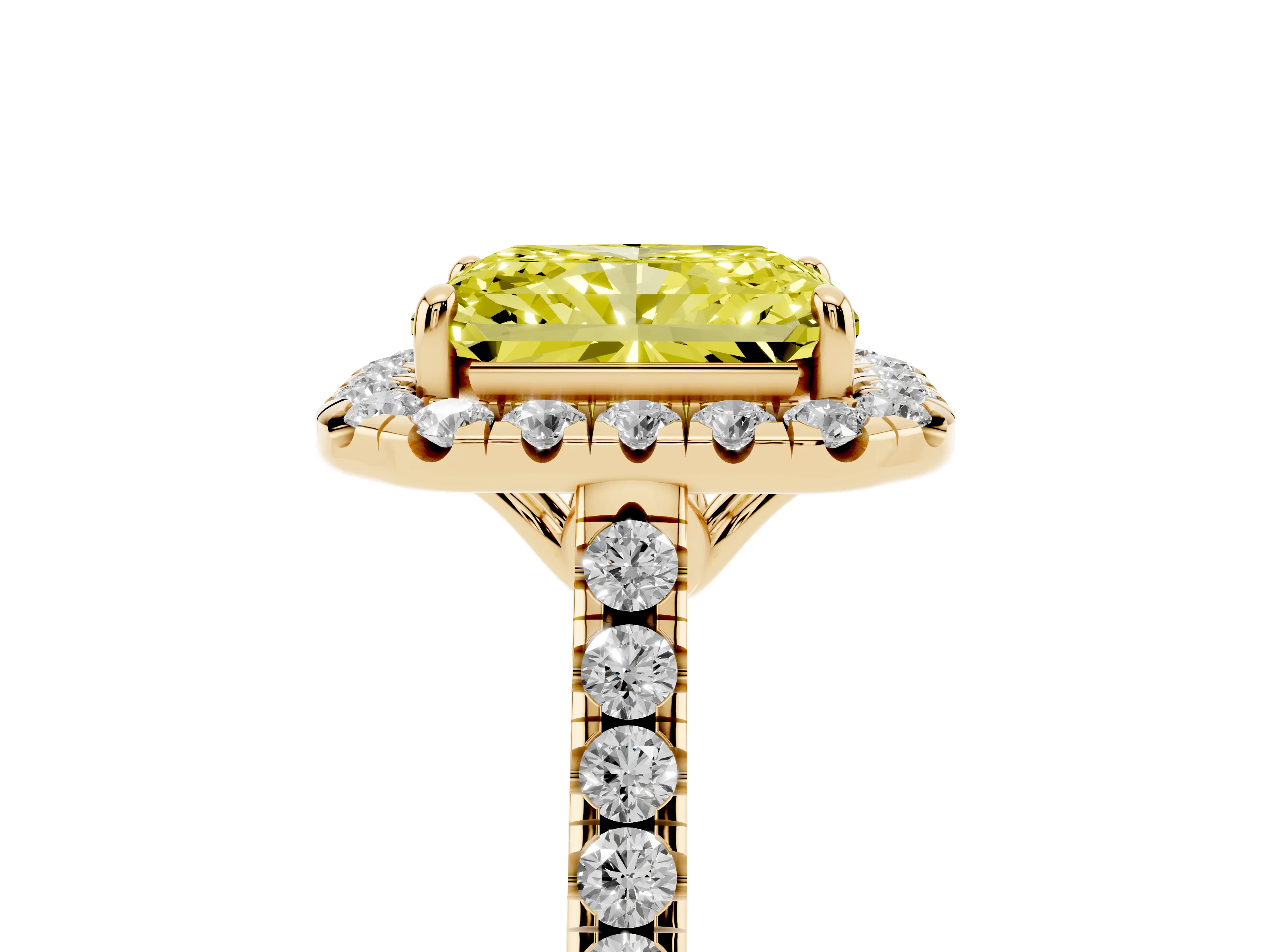 Fancy Yellow Radiant Cut Diamond Pavé Halo Engagement Ring Set in Yellow gold with Pavé Band and Prong Setting