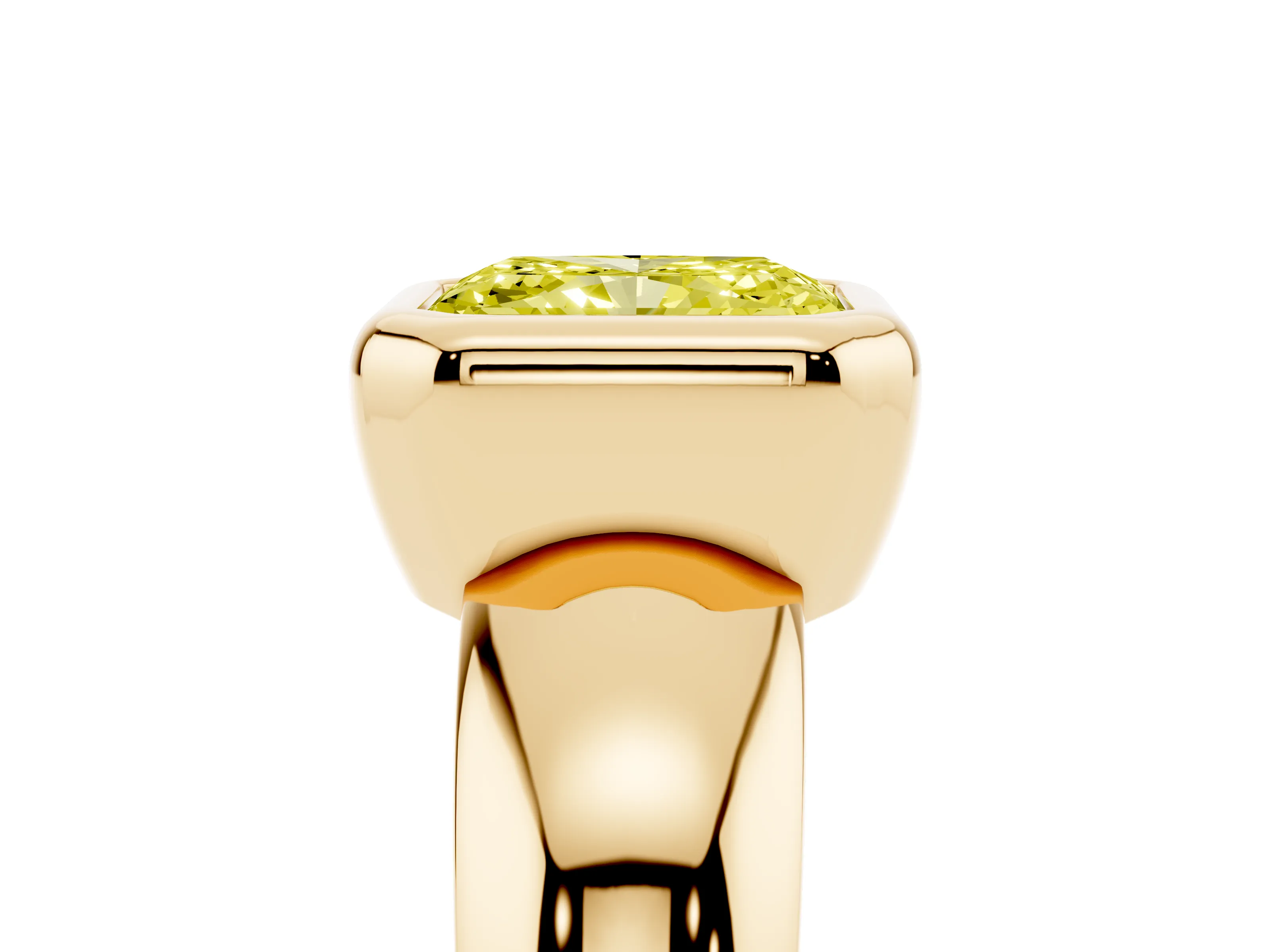 Fancy Yellow Bezel Set Radiant Cut Diamond Solitaire Ring Set in Yellow gold with Wide Band