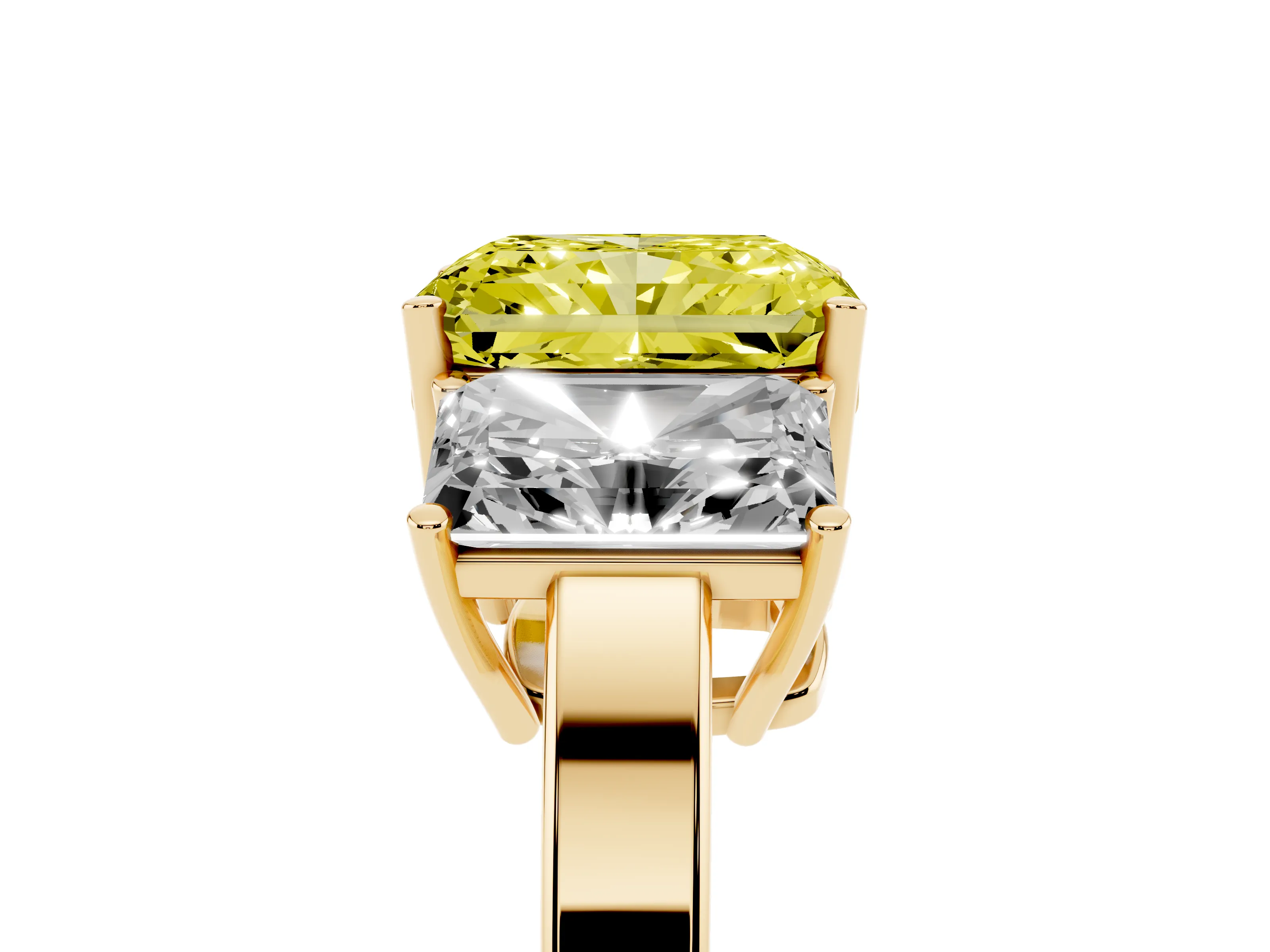 Fancy Yellow Radiant Cut Diamond Three-Stone Engagement Ring Set in Yellow gold with Flat Band