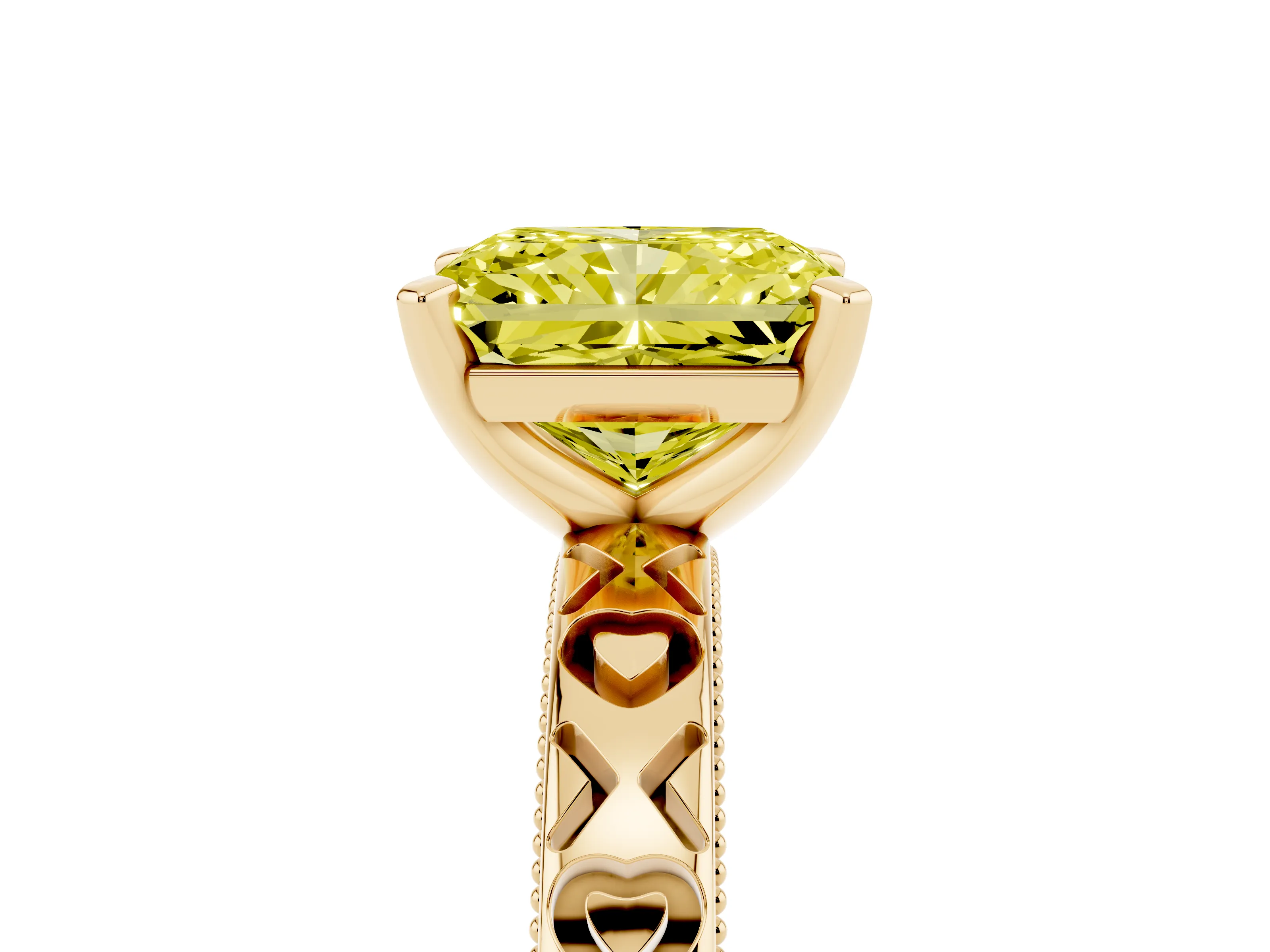 Fancy Yellow Radiant Cut Diamond Solitaire Engagement Ring Set in Yellow gold with XO Engraved Band and Prong Setting