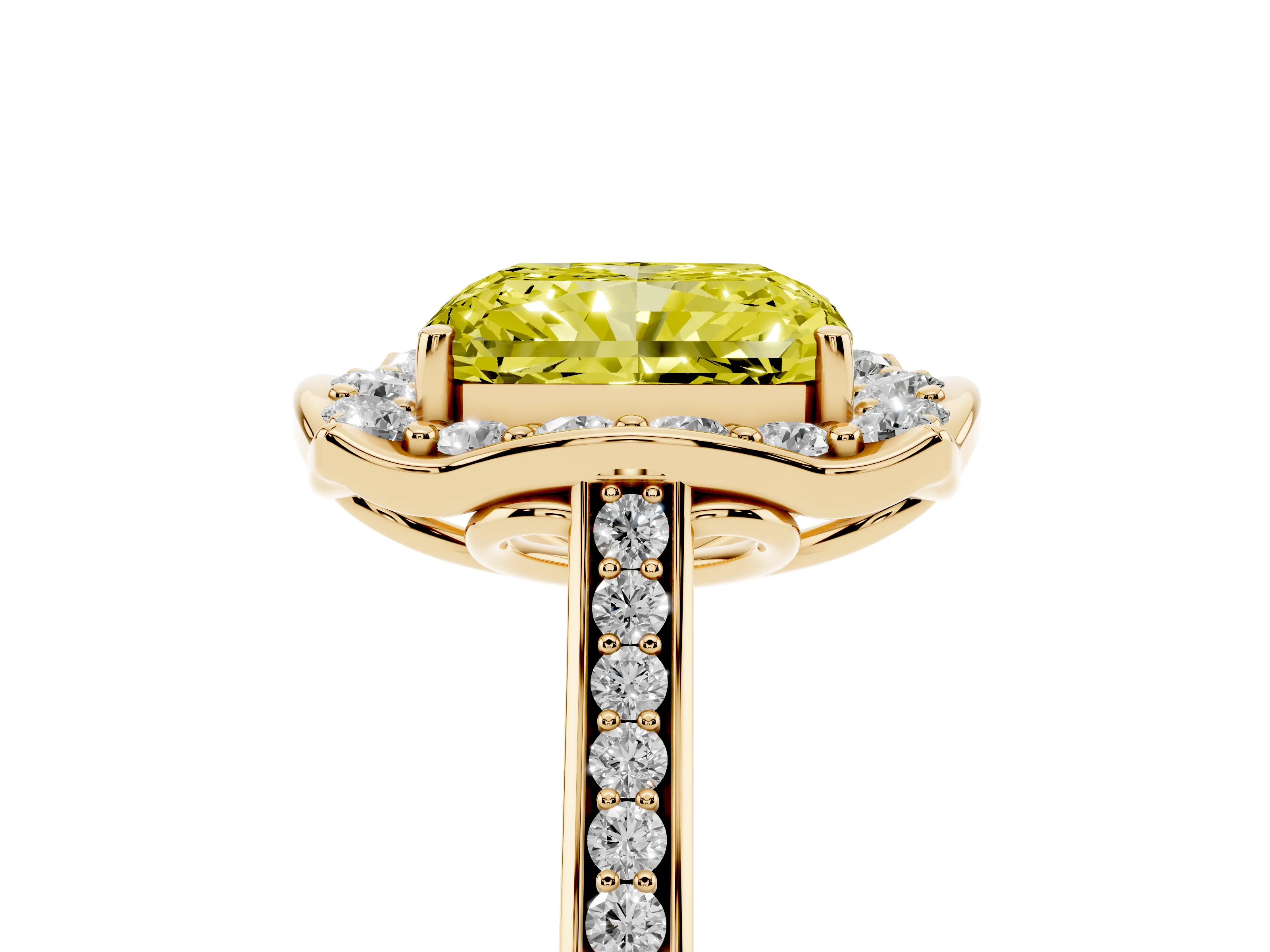 Fancy Yellow Radiant Cut Diamond Halo Ring Set in Yellow gold with Pavé-Lined Shoulders and Prong Setting