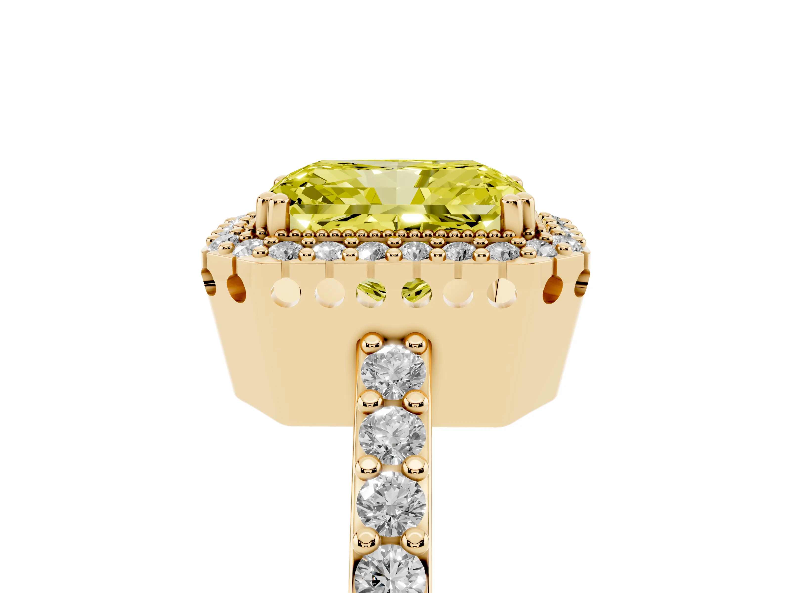 Fancy Yellow Radiant Cut Diamond Halo Engagement Ring Set in Yellow gold with Milgrain Detail and Pavé Band