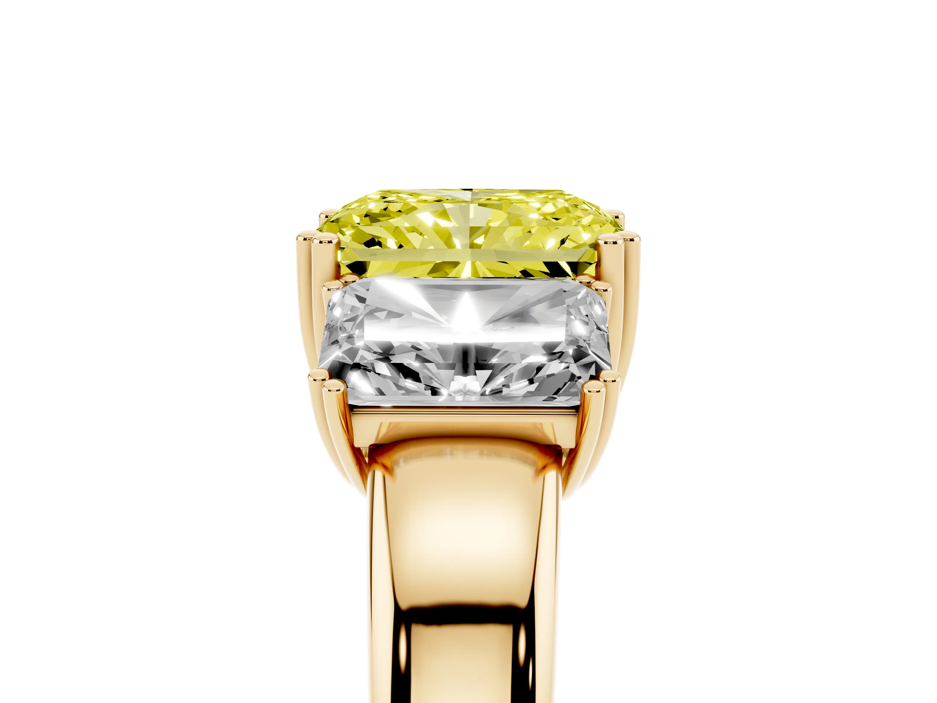 Fancy Yellow Radiant Cut Diamond Three-Stone Ring Set in Yellow gold with Polished Channel-Set Band