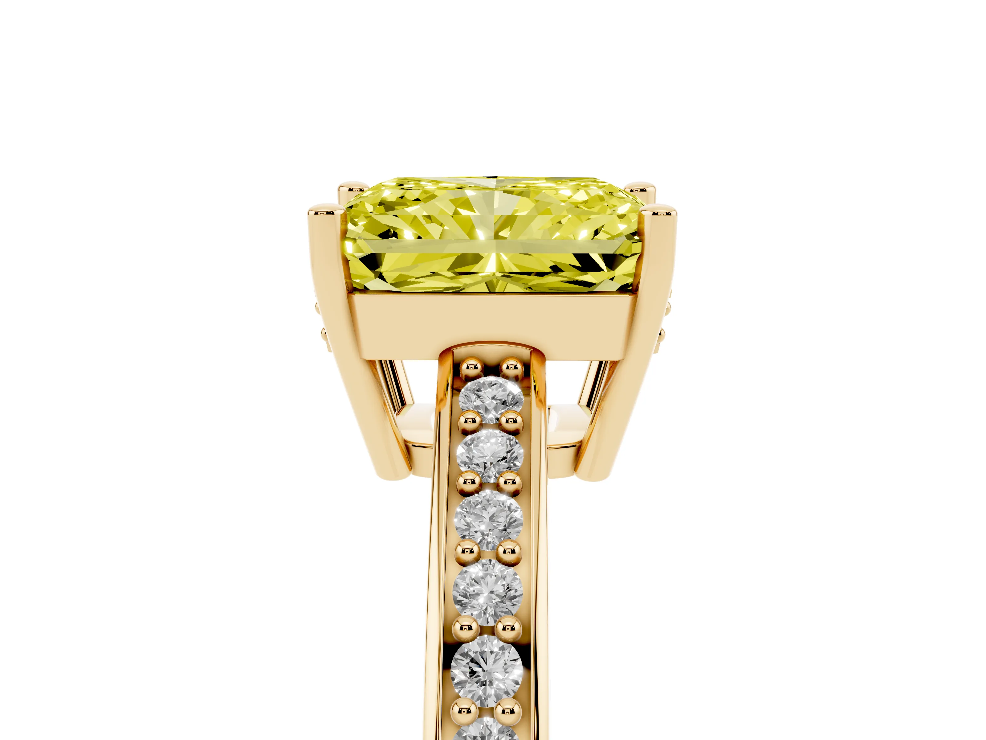 Fancy Yellow Radiant Cut Diamond Pavé Band Prong Set Solitaire Ring Set in Yellow gold