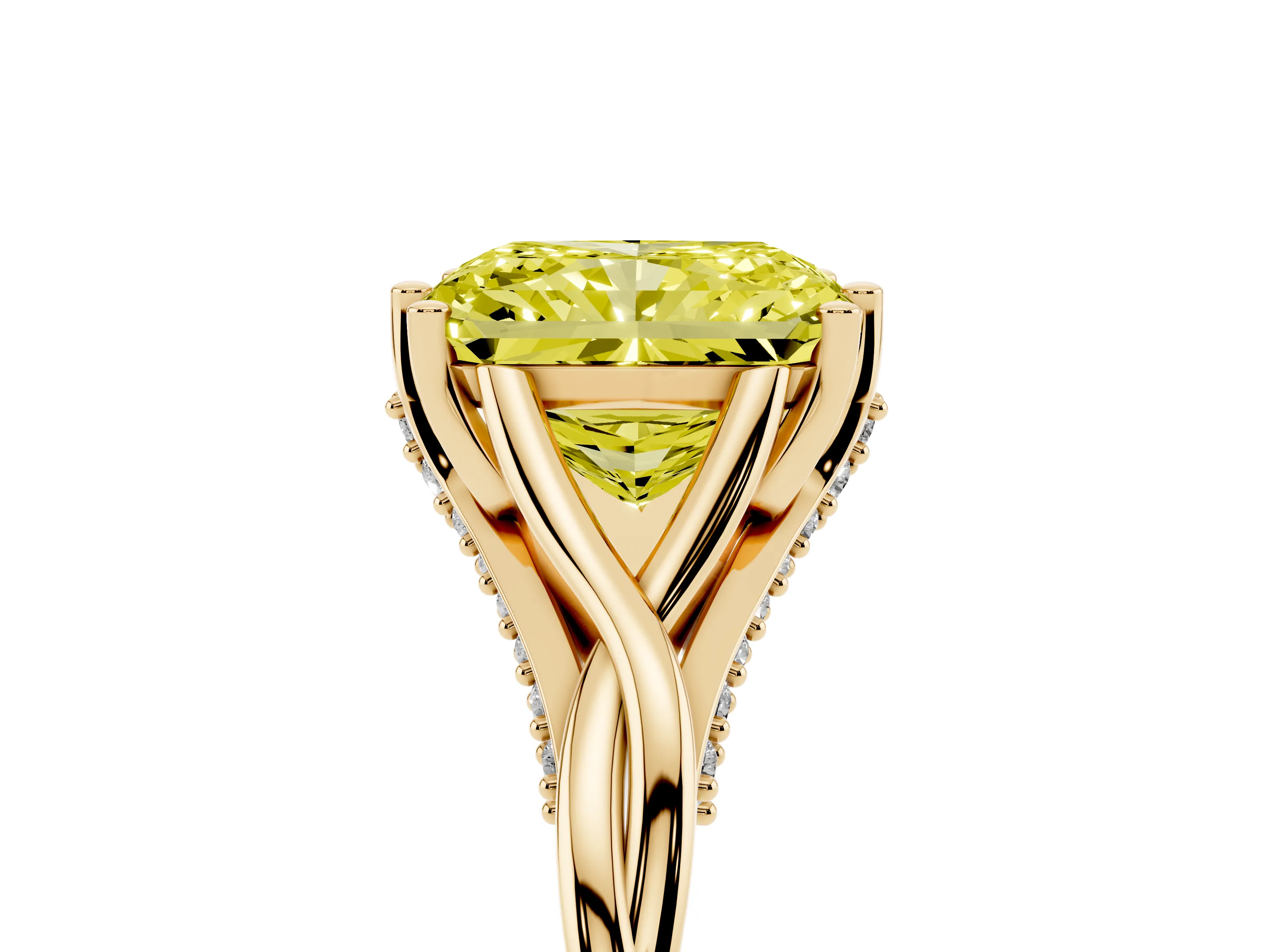 Fancy Yellow Radiant Cut Diamond Intertwined Twist Band Solitaire Ring Set in Yellow gold with Prong Setting