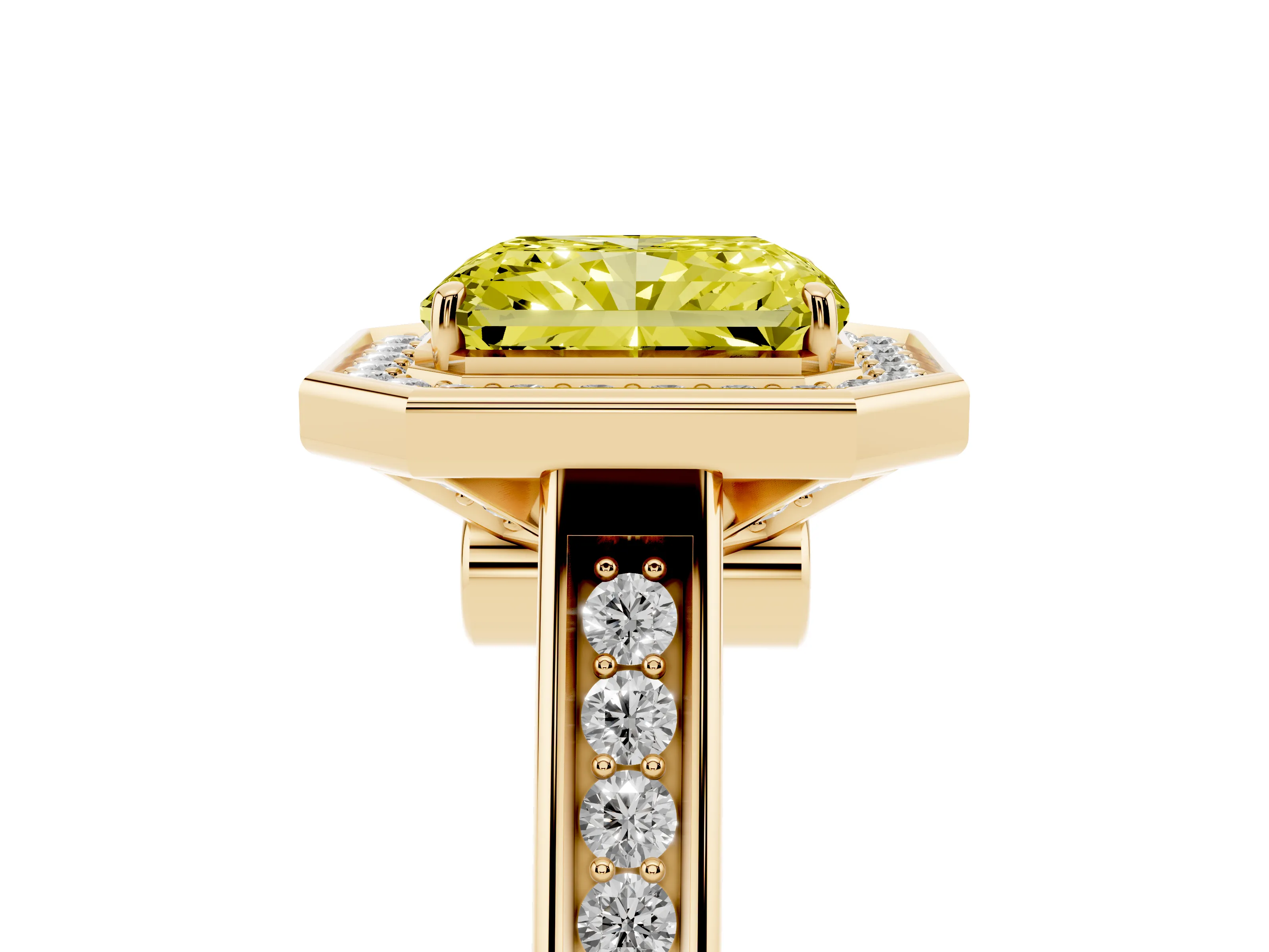 Fancy Yellow Radiant Cut Diamond Halo Solitaire Ring Set in Yellow gold with Pavé Band and Bezel Setting