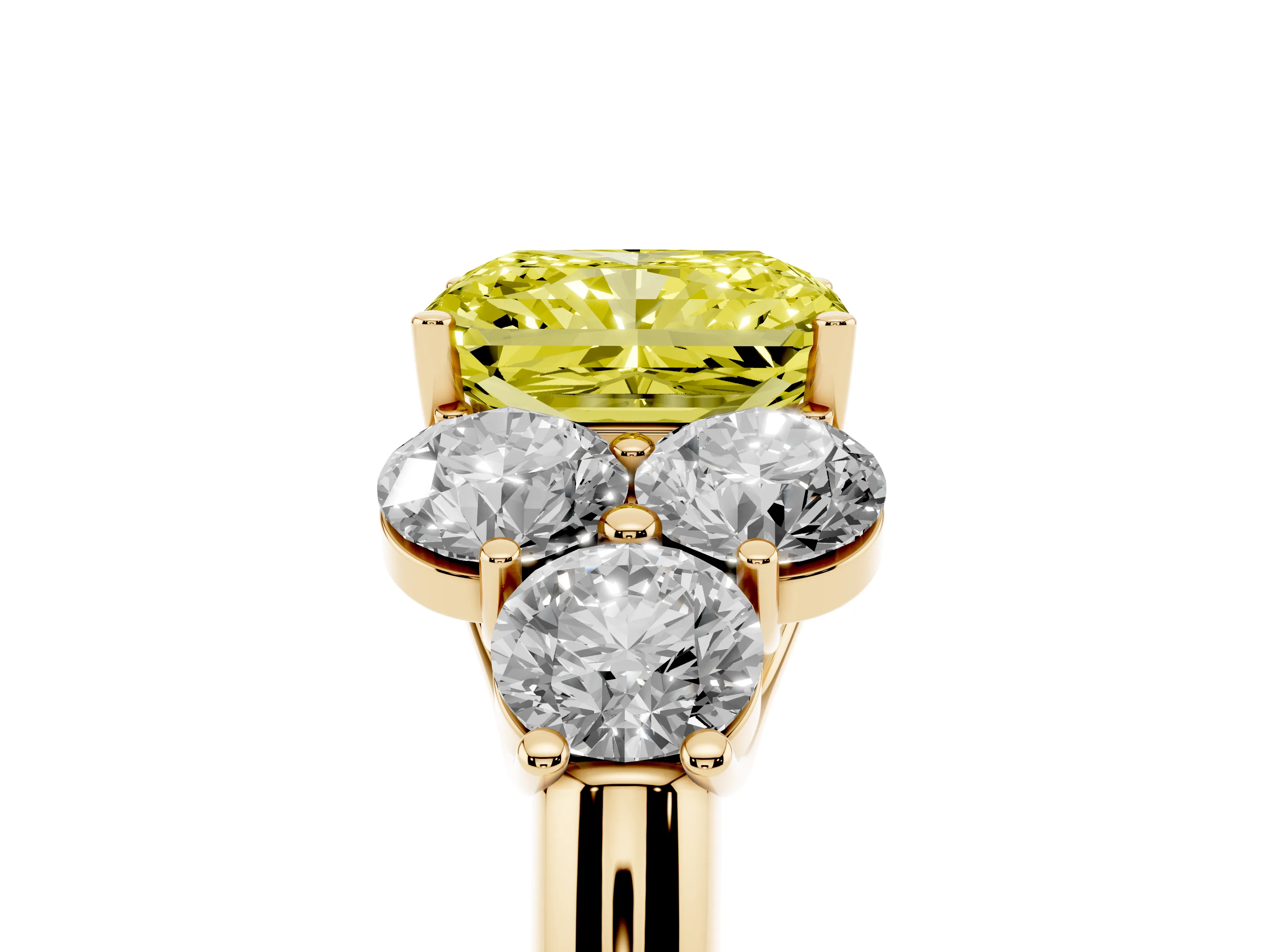 Fancy Yellow Radiant Cut Diamond Cluster Ring Set in Yellow gold with Round Accent Stones and Prong Setting on a Plain Band